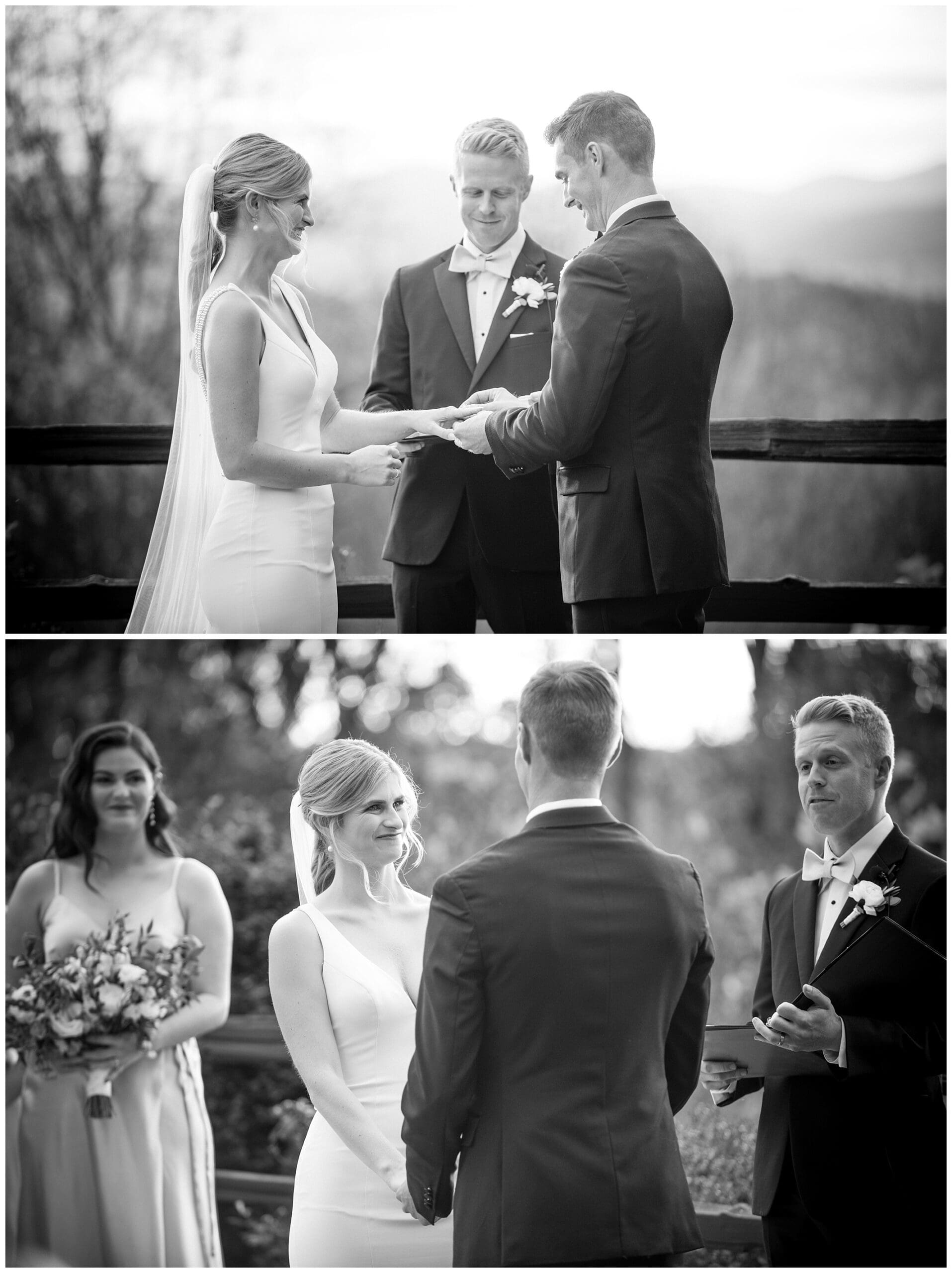 A couple celebrating their fall wedding at Crest Center, exchanging their vows with a scenic mountain backdrop.