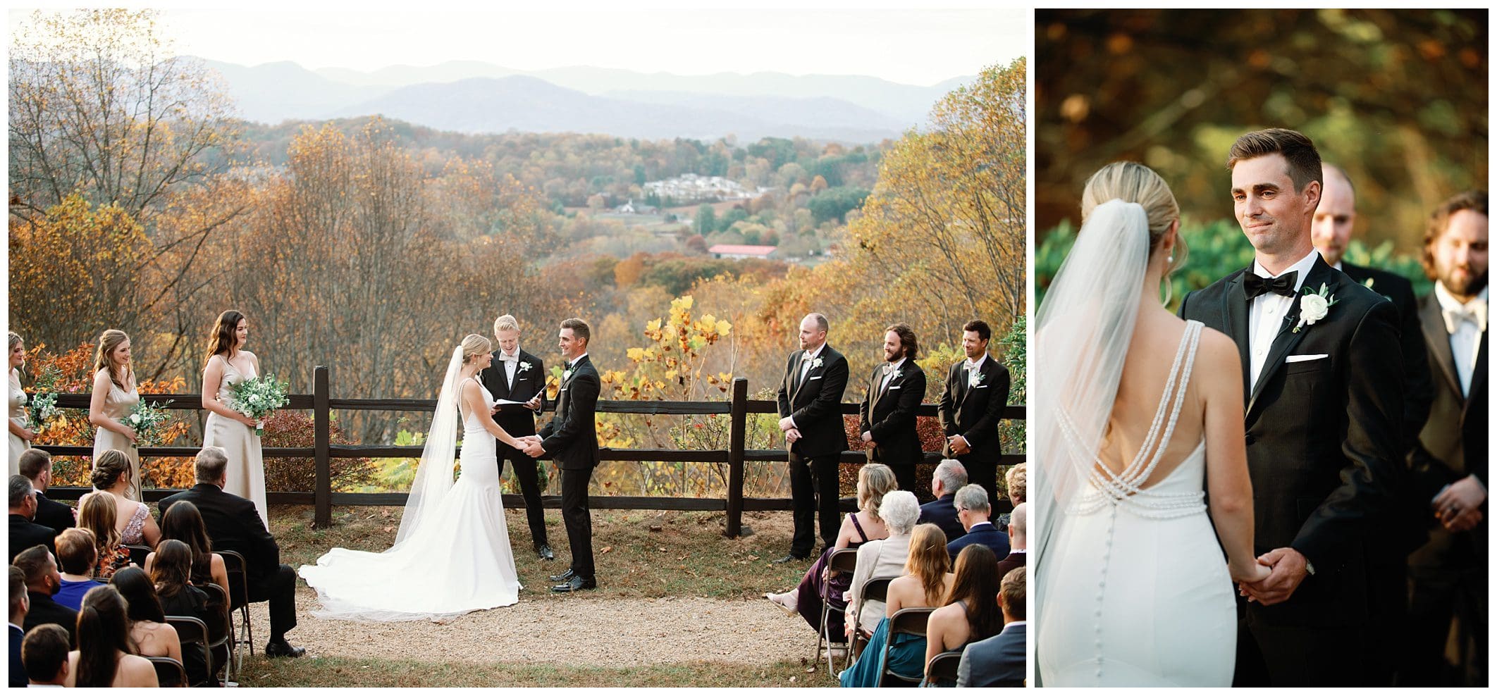 A fall wedding ceremony at Crest Center, nestled in the mountains, with a beautiful bride and a handsome groom.