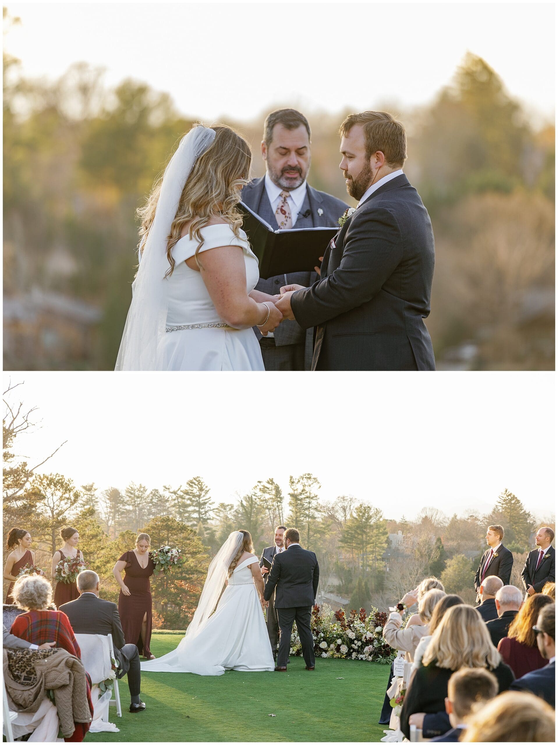 A bride and groom exchange vows in front of a golf course.