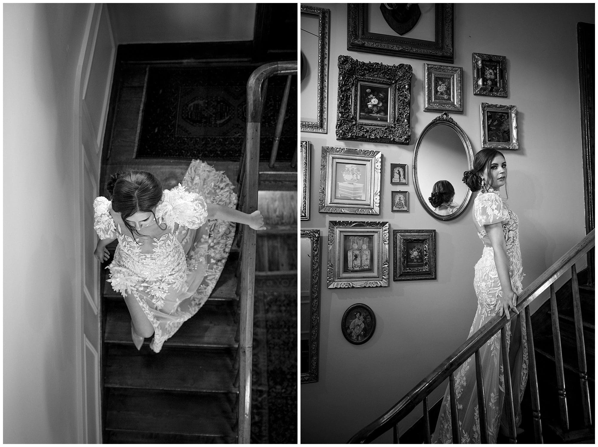 Two black and white photos of a bride walking down the stairs.