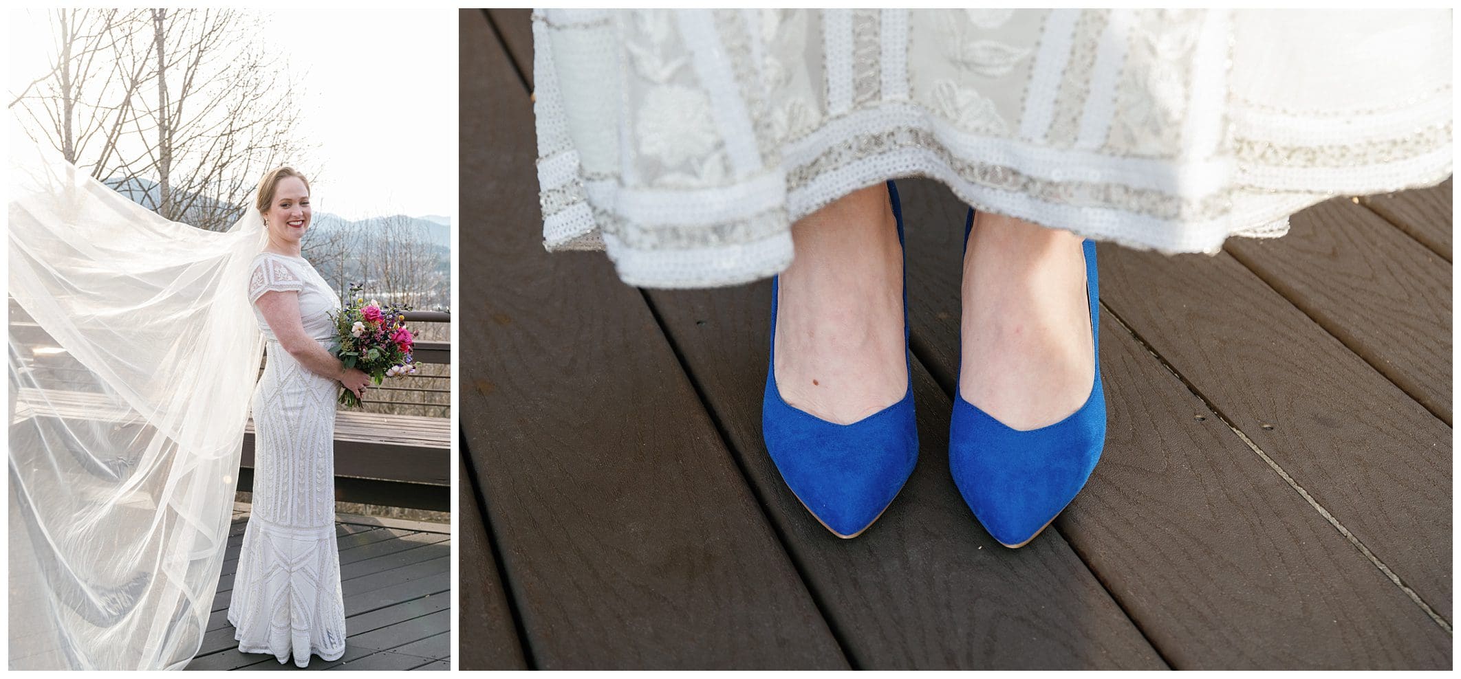 A bride wearing blue shoes and a veil on a deck.
