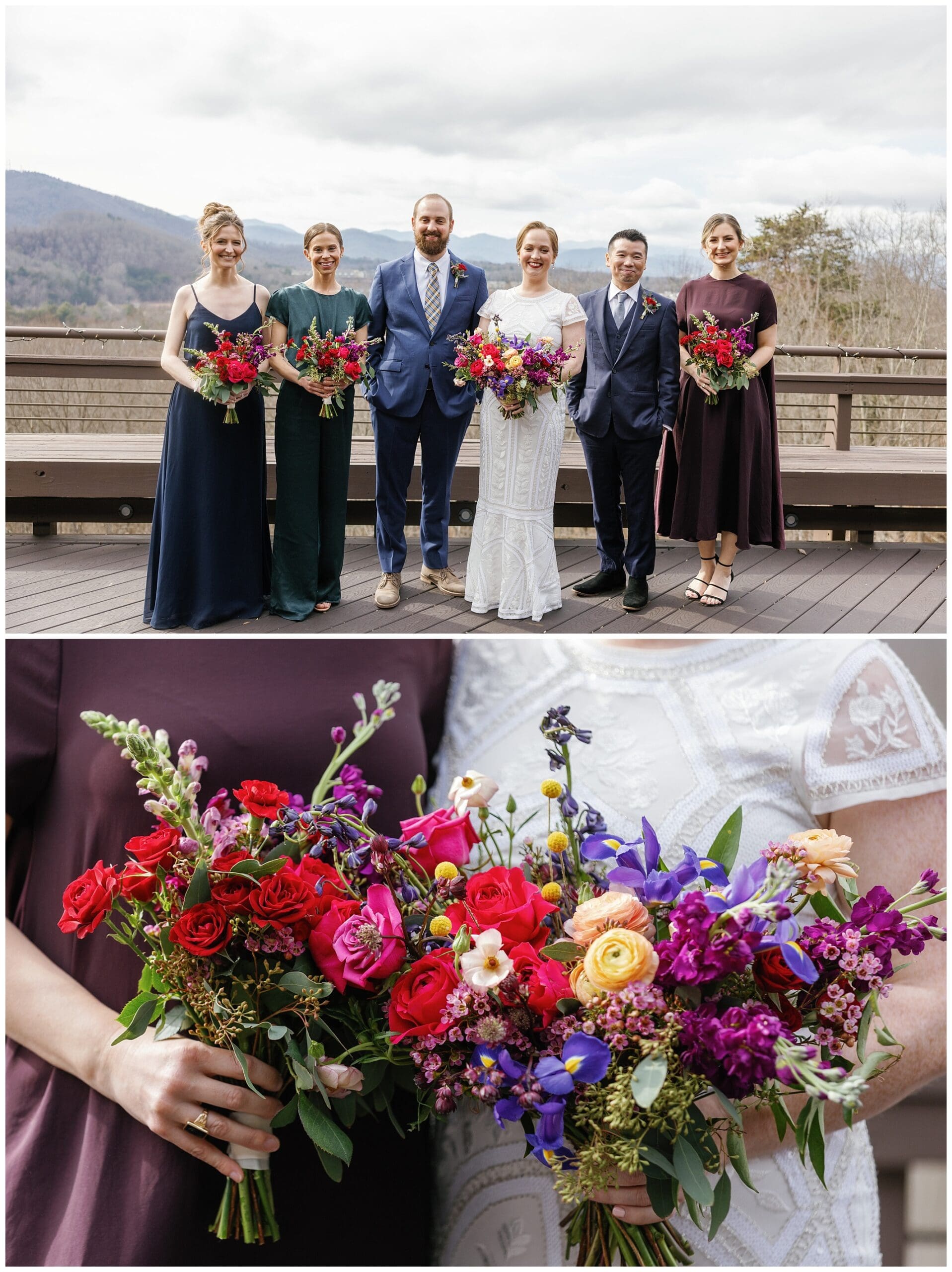 A group of bridesmaids and groomsmen with colorful bouquets.