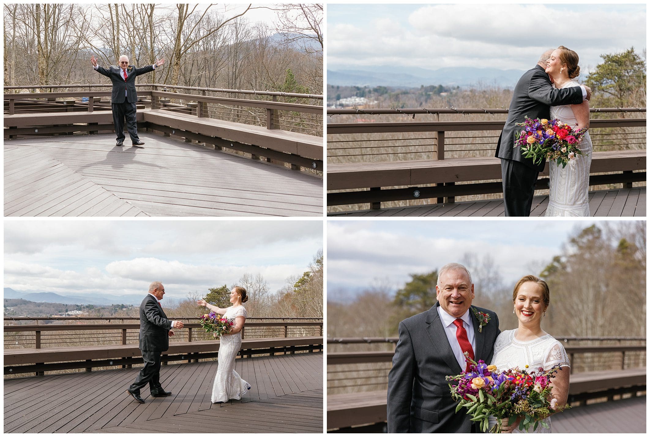 Four pictures of a bride and father sharing a first look at wedding with mountains in the background.