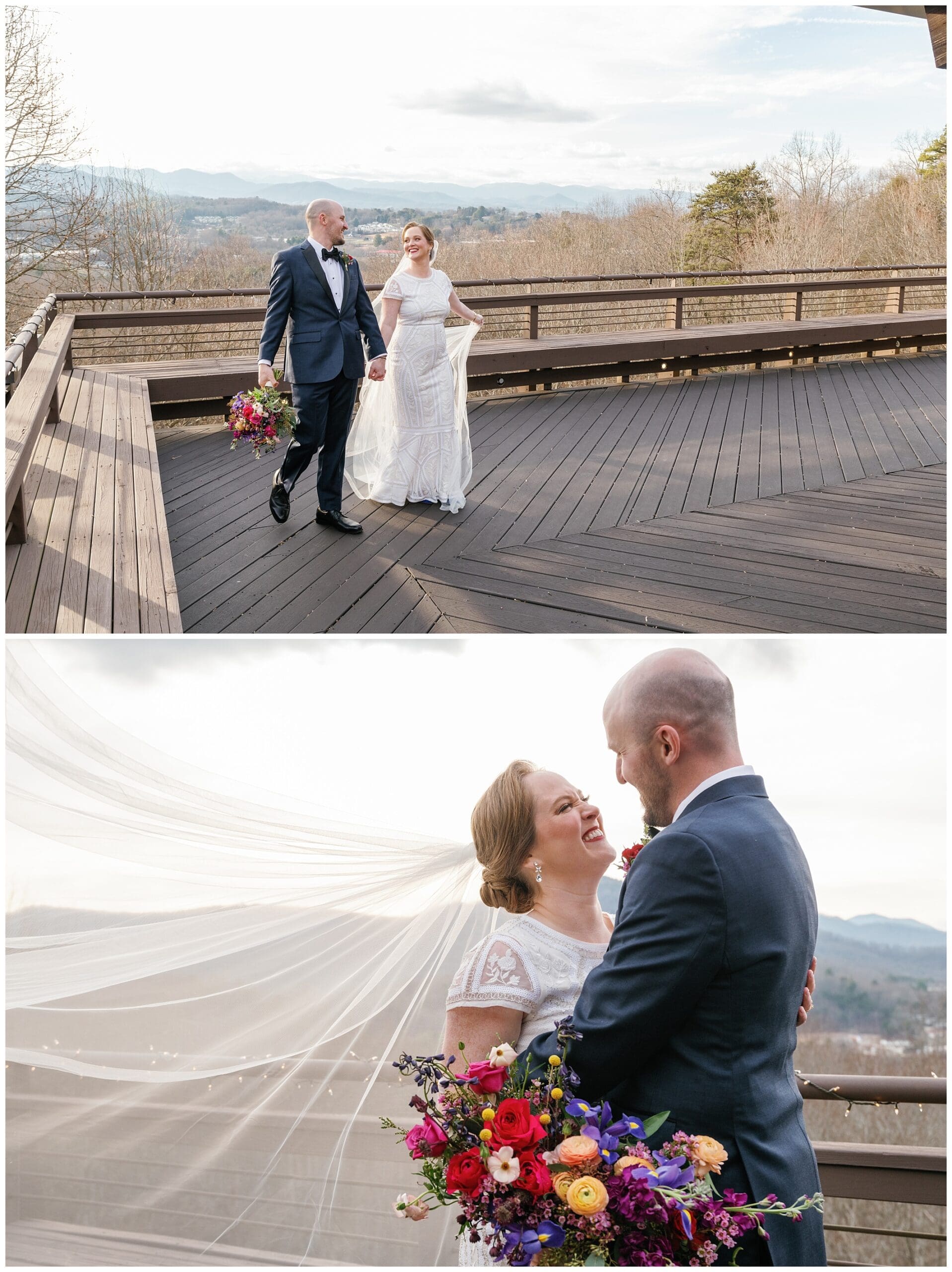 A bride and groom standing on a deck with mountains in the background.