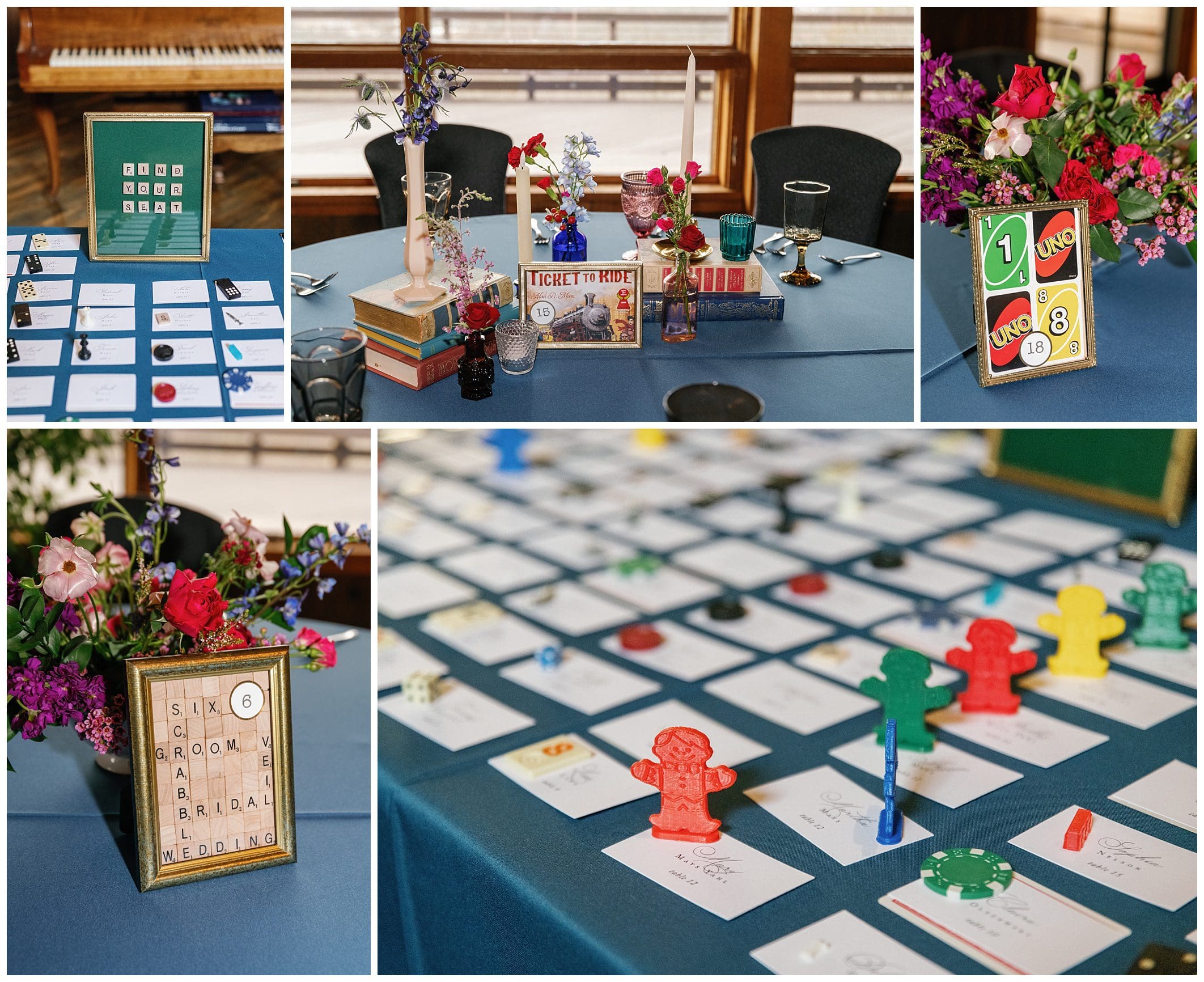A collage of pictures of a table with cards and flowers.