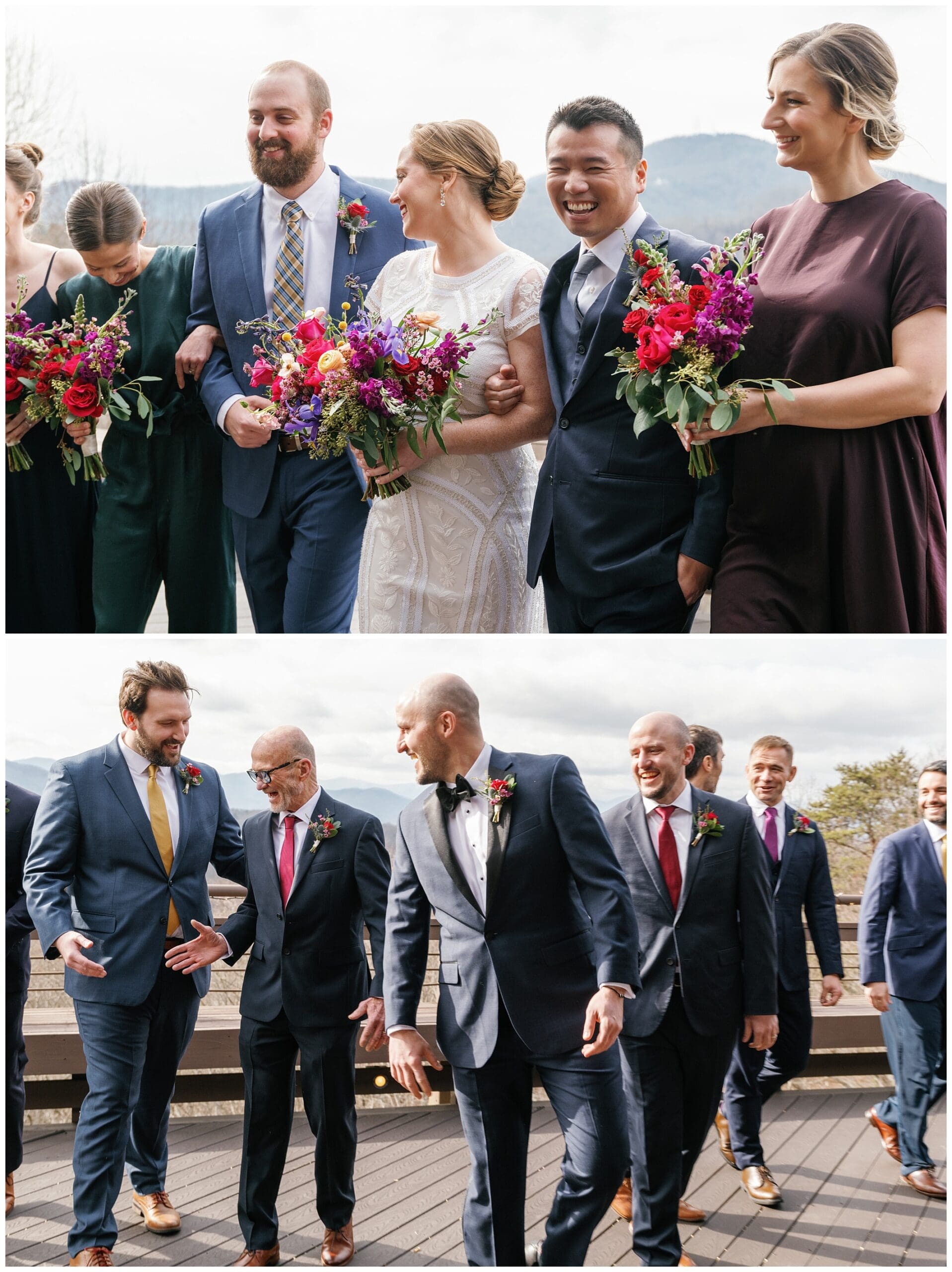 A group of bridesmaids and groomsmen walking together.
