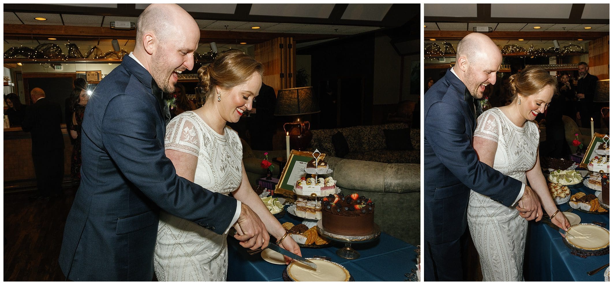 Two pictures of a bride and groom cutting a cake.
