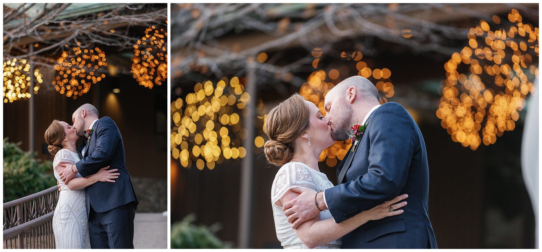 A bride and groom kiss in front of lights.
