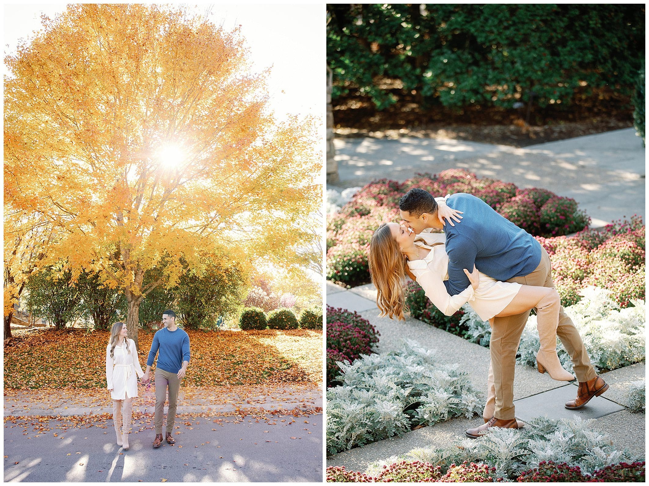 Left: A couple stands beneath a vibrant yellow tree with sunlight filtering through the leaves at sunrise. Right: The same couple embraces and shares a kiss beside a garden with pink flowers during their engagement.