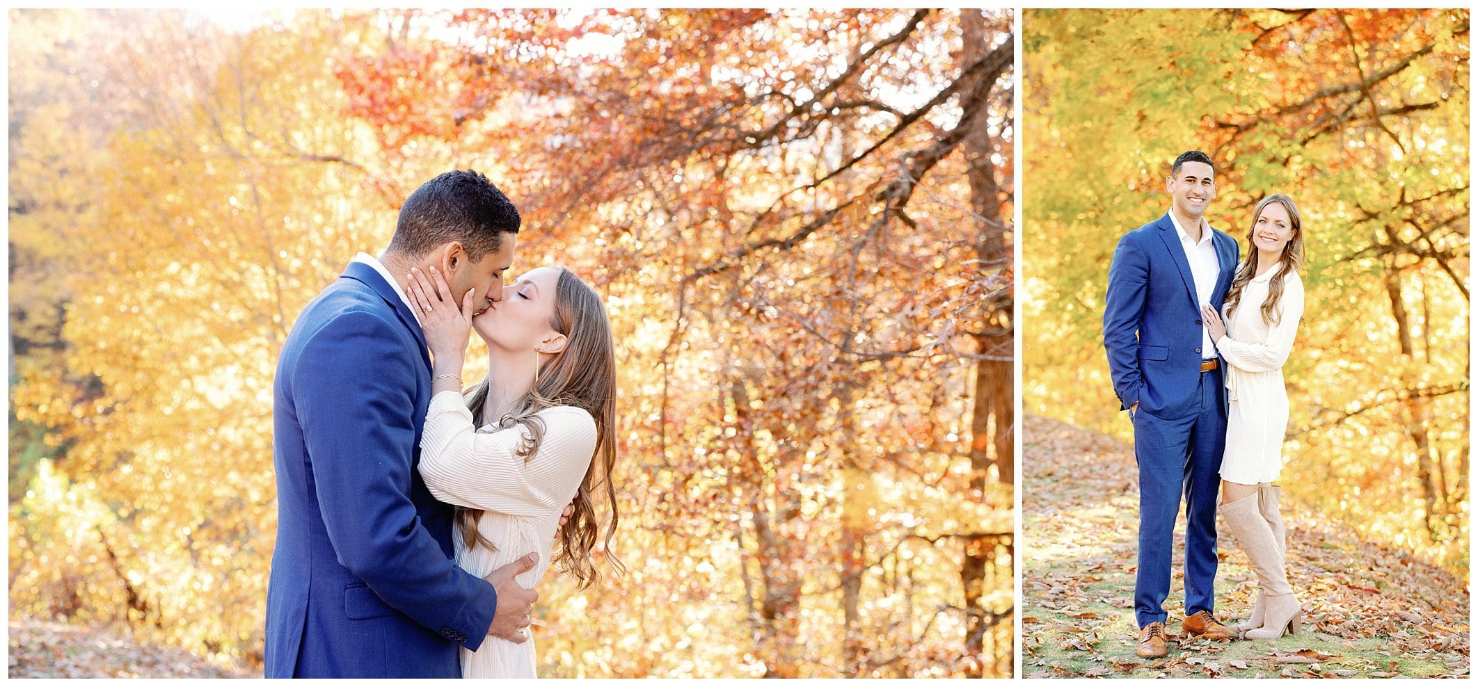 A couple sharing a sunrise kiss in an autumnal setting and posing with fall foliage in the background.