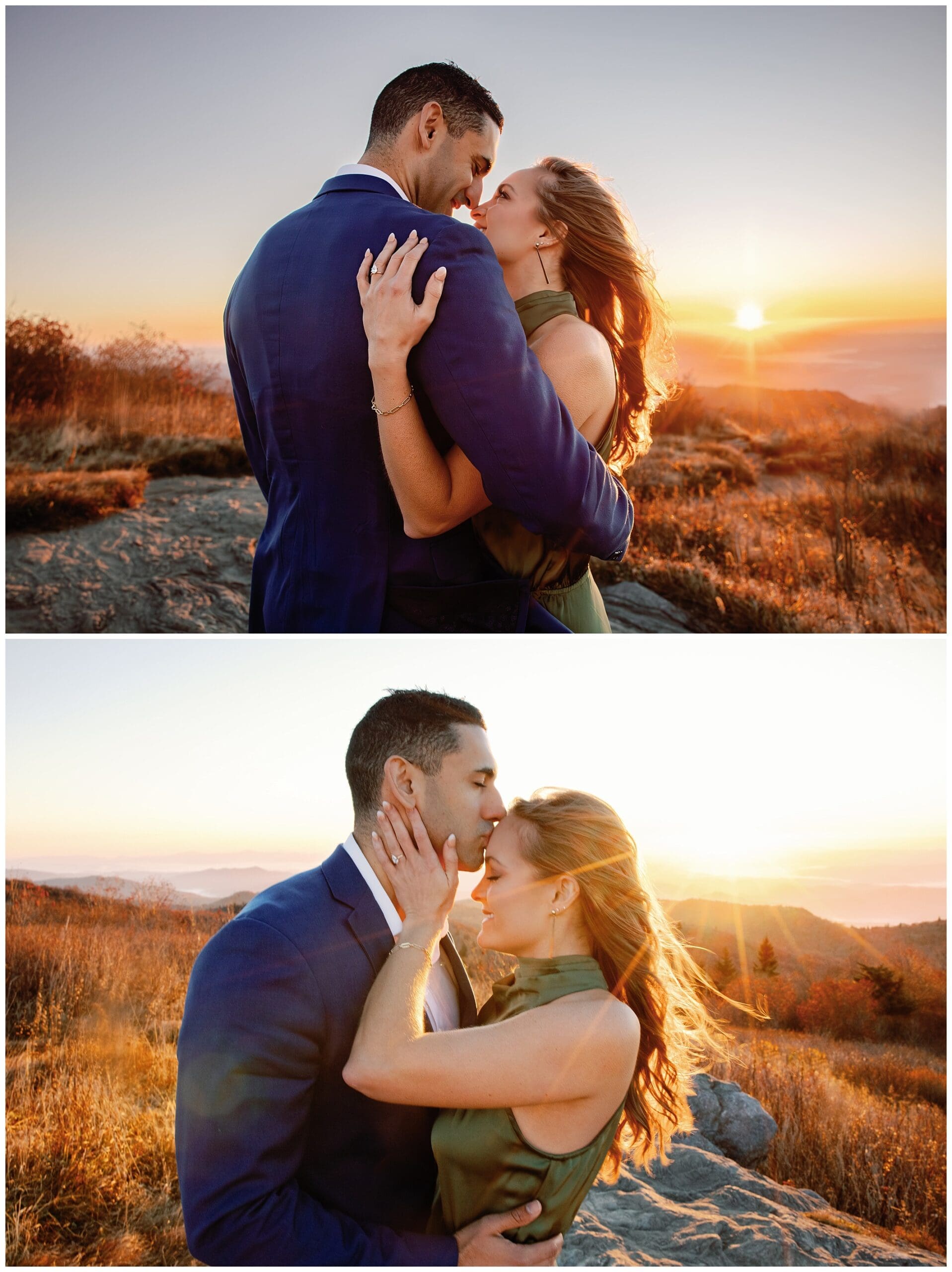 Silhouetted against a spectacular sunset, the couple shares a tender kiss, creating a timeless and romantic moment. The dramatic sky and mountain ridge in the background add a sense of grandeur to their love story. Asheville Sunrise Engagement Session 