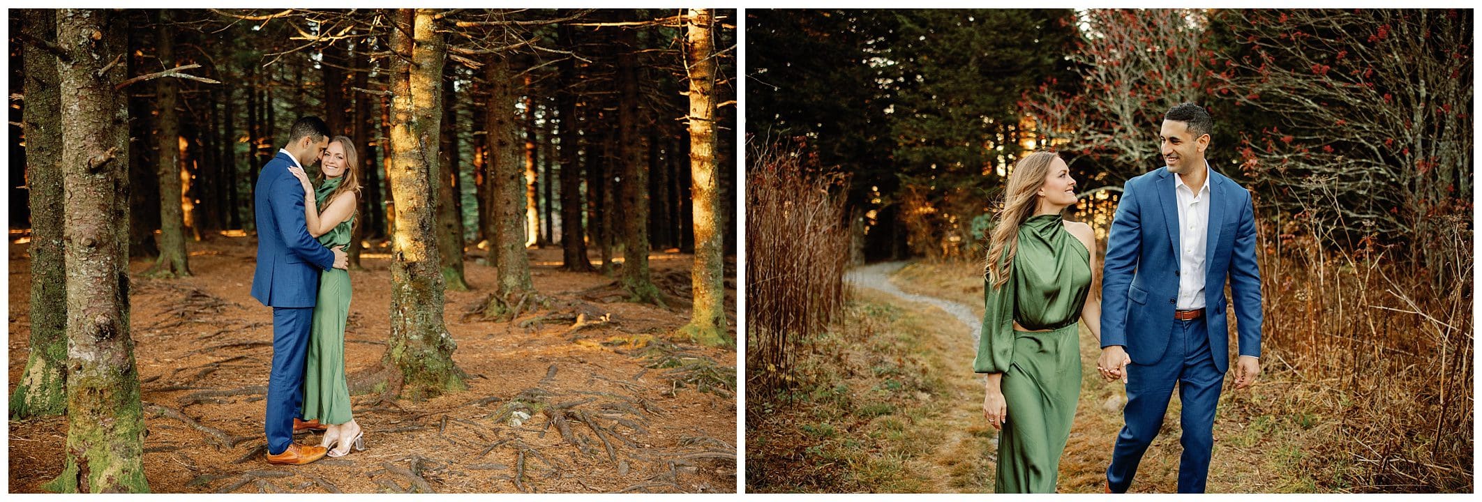 A couple engaging in a romantic sunrise engagement photo shoot in a Black Balsam forest setting, with the left image showing an embrace against a tree and the right image capturing a candid moment as they walk
