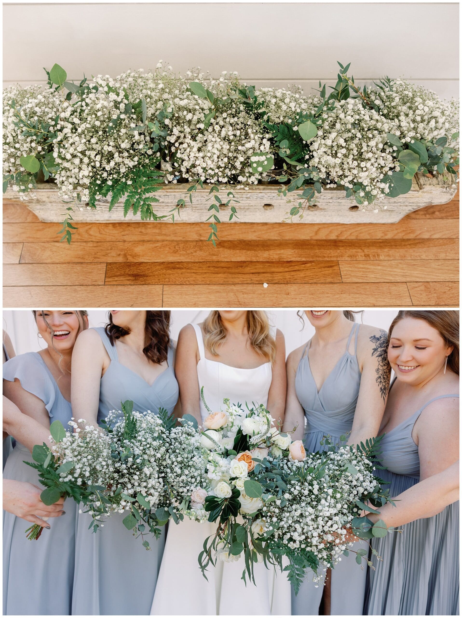 The bride and bridesmaids are holding baby's breath bouquets.