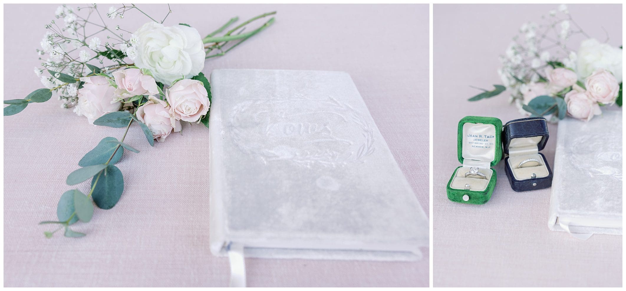 A wedding book with a wedding ring and flowers.