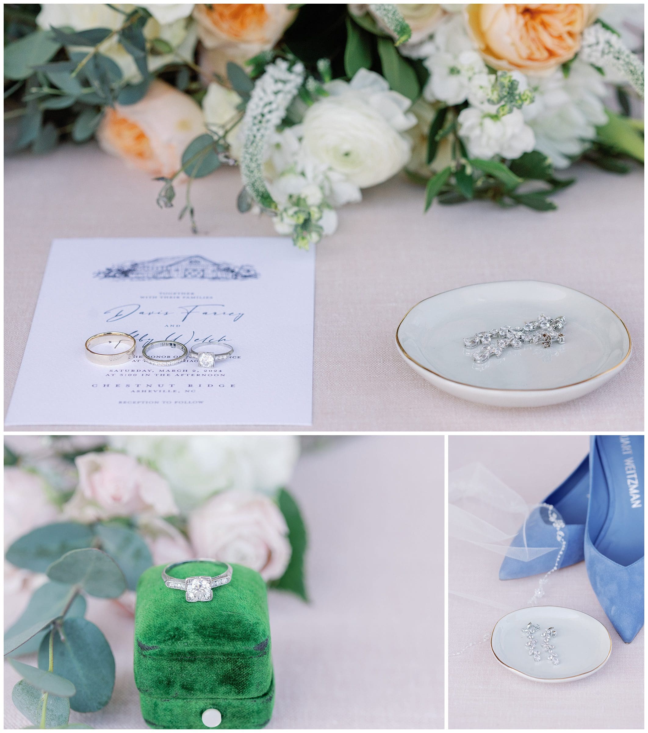 A collage of wedding rings and flowers on a table.
