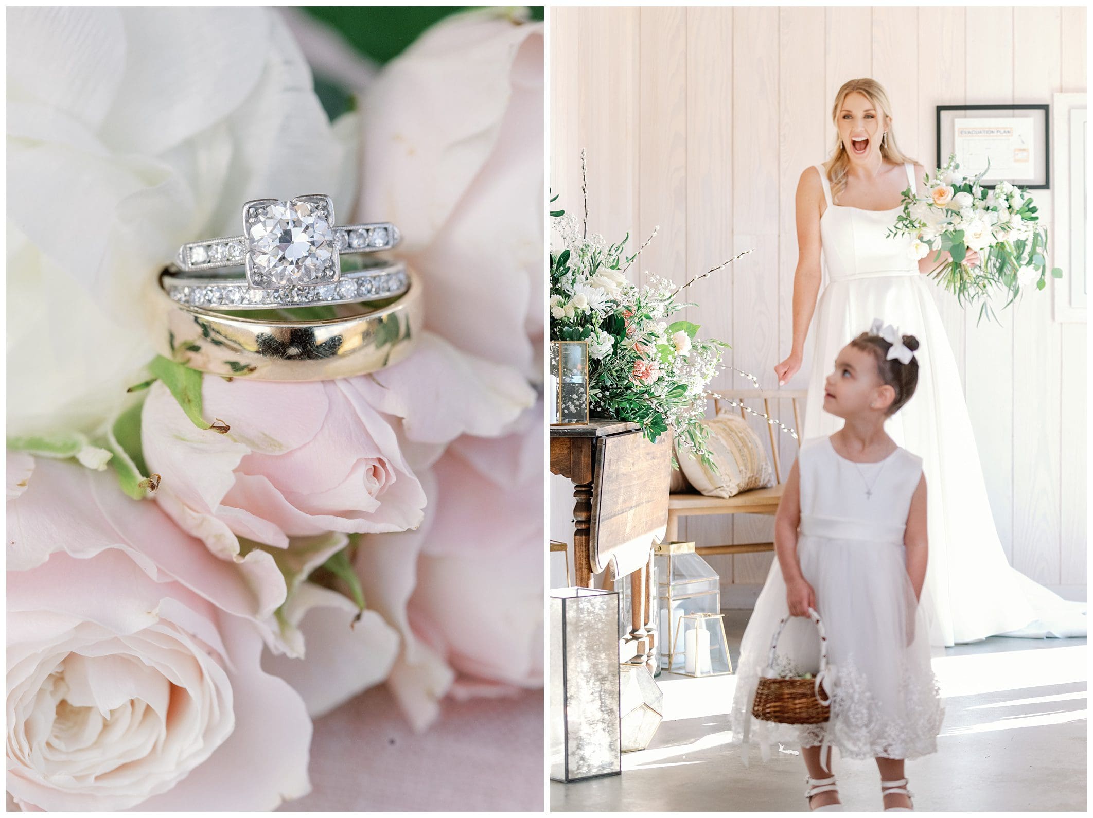 A bride in a white dress and a little girl in a pink dress.