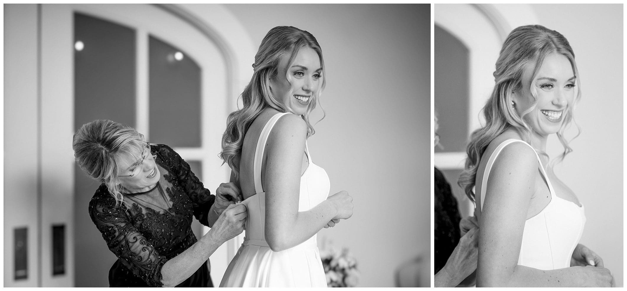 Two black and white photos of a bride getting ready for her wedding.