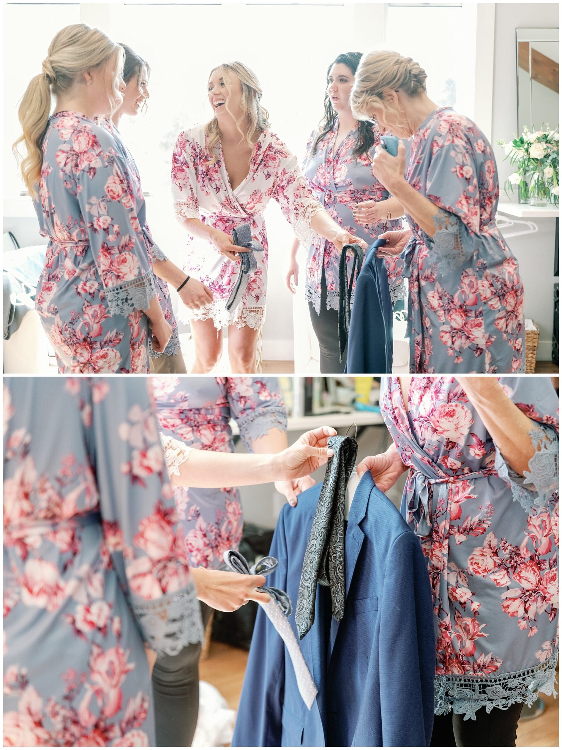 Bridesmaids getting ready in floral robes.