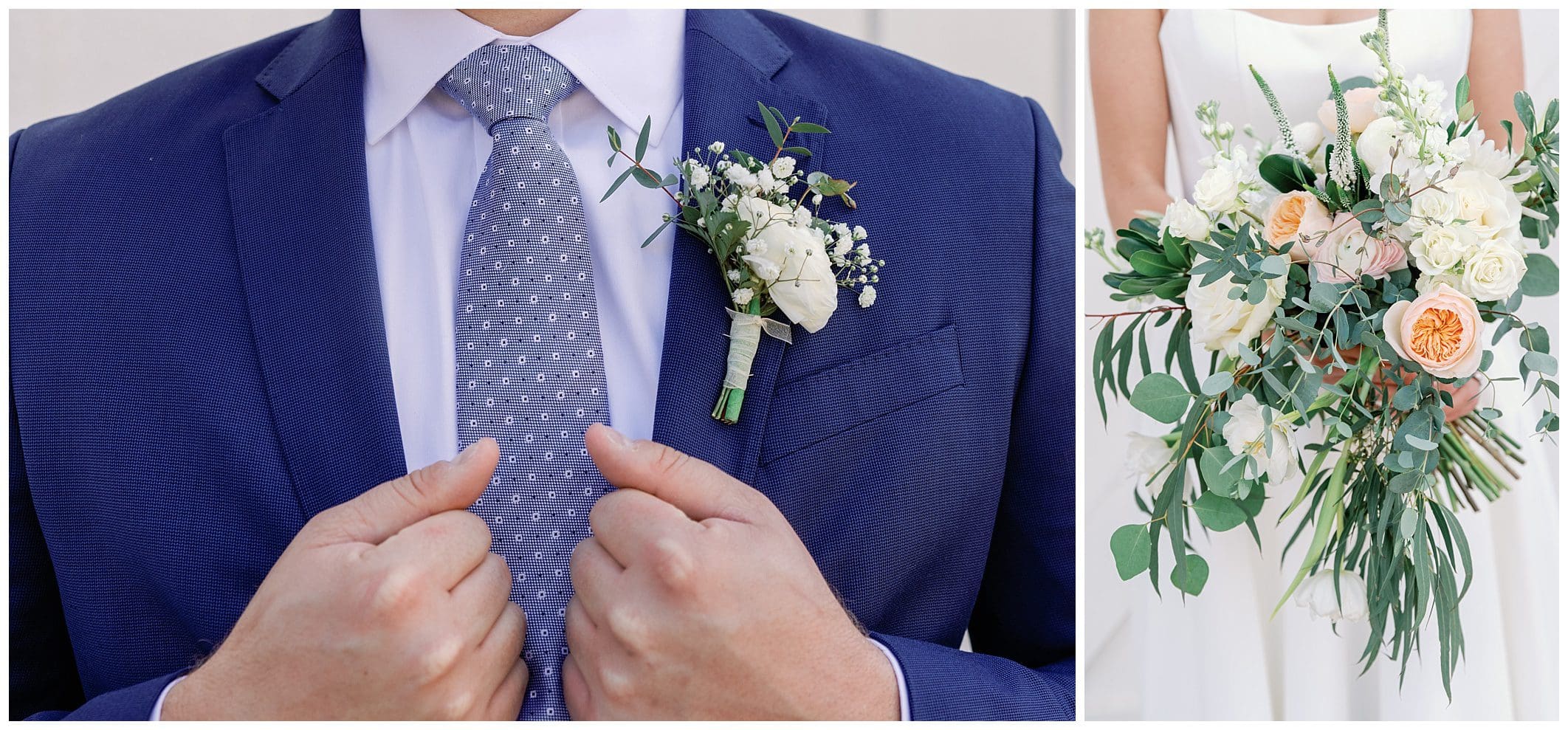 A man in a blue suit is putting on a boutonniere.