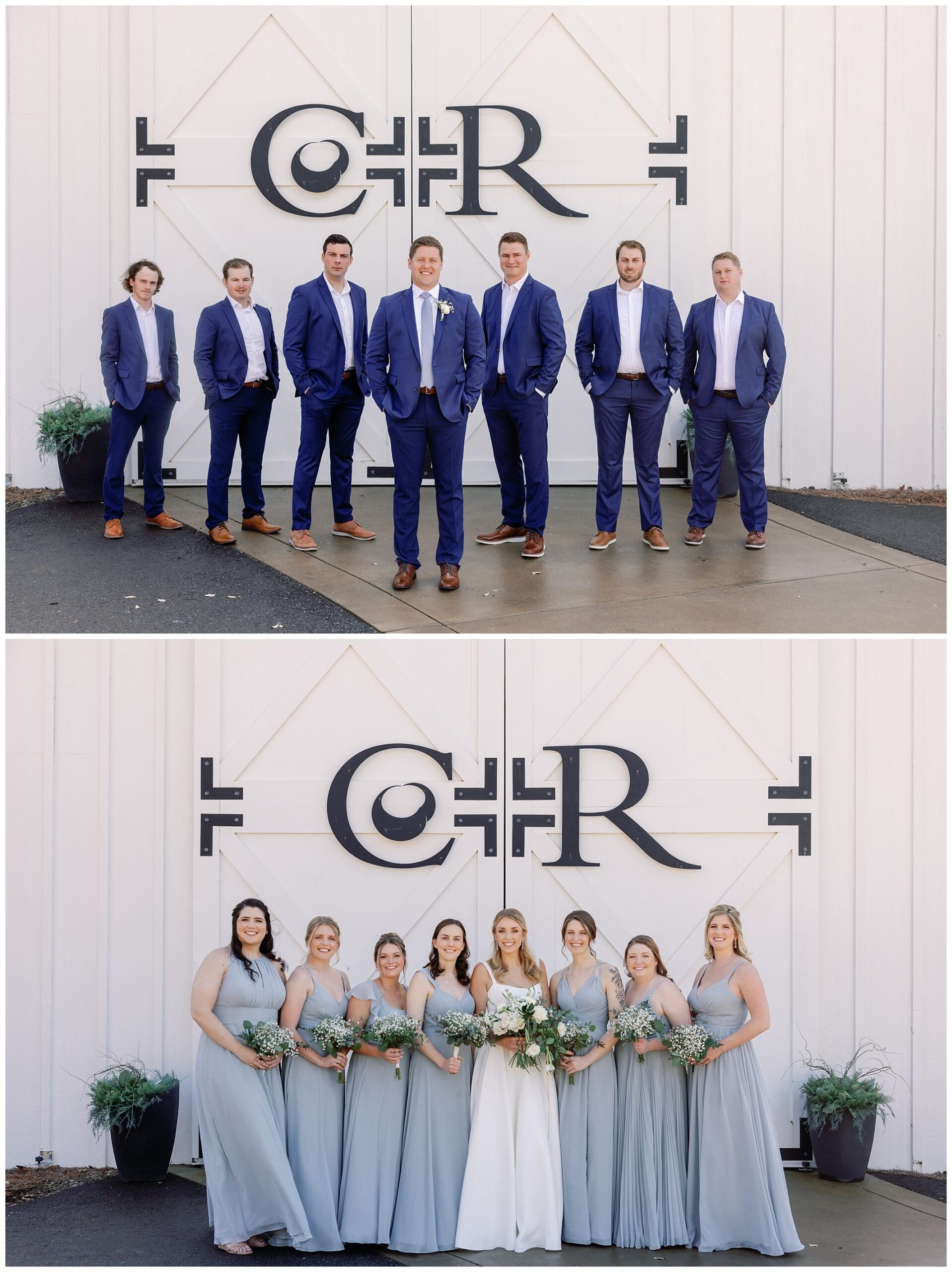 A group of bridesmaids and groomsmen standing in front of a sign.