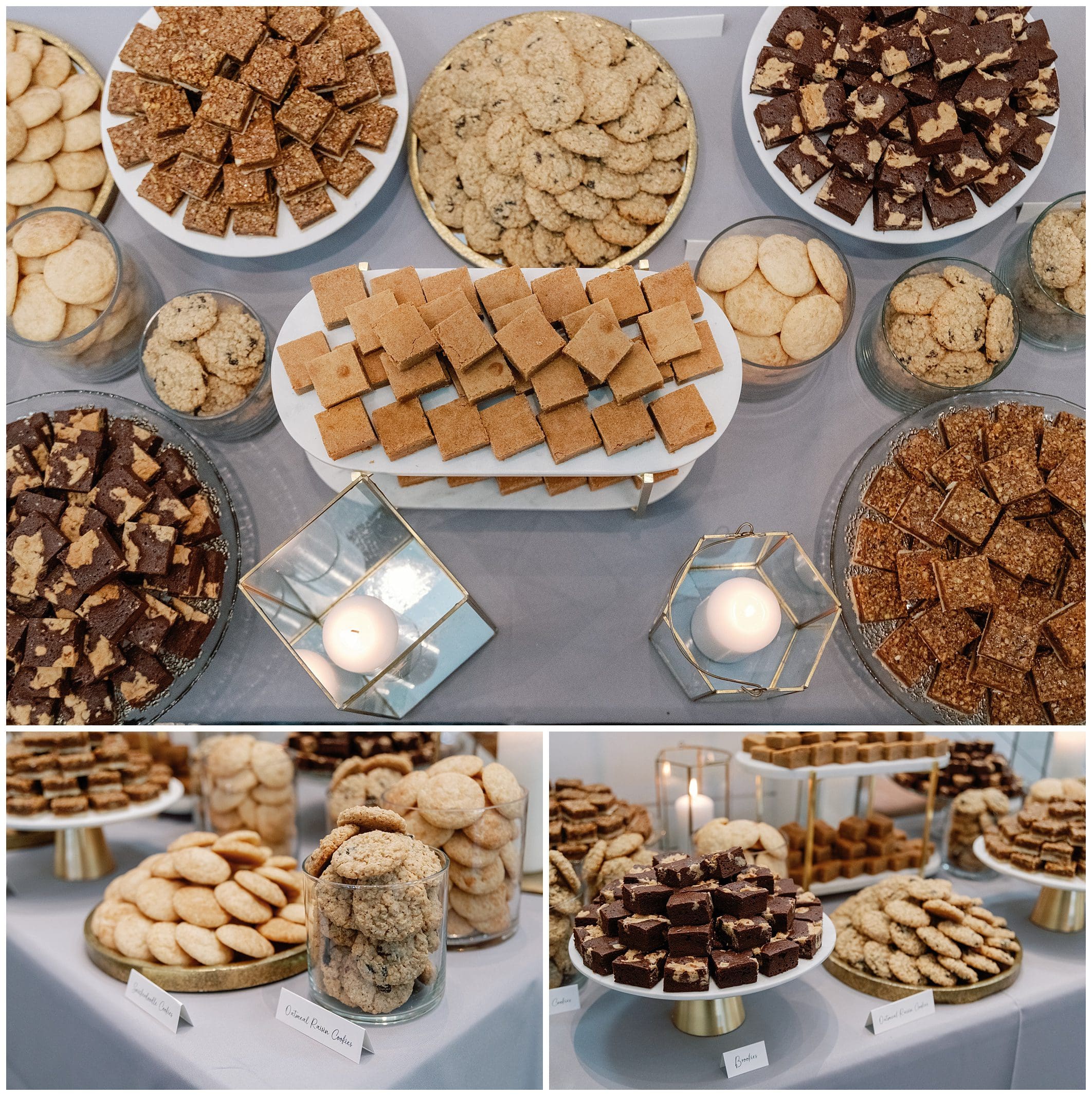 A variety of cookies and desserts are displayed on a table.