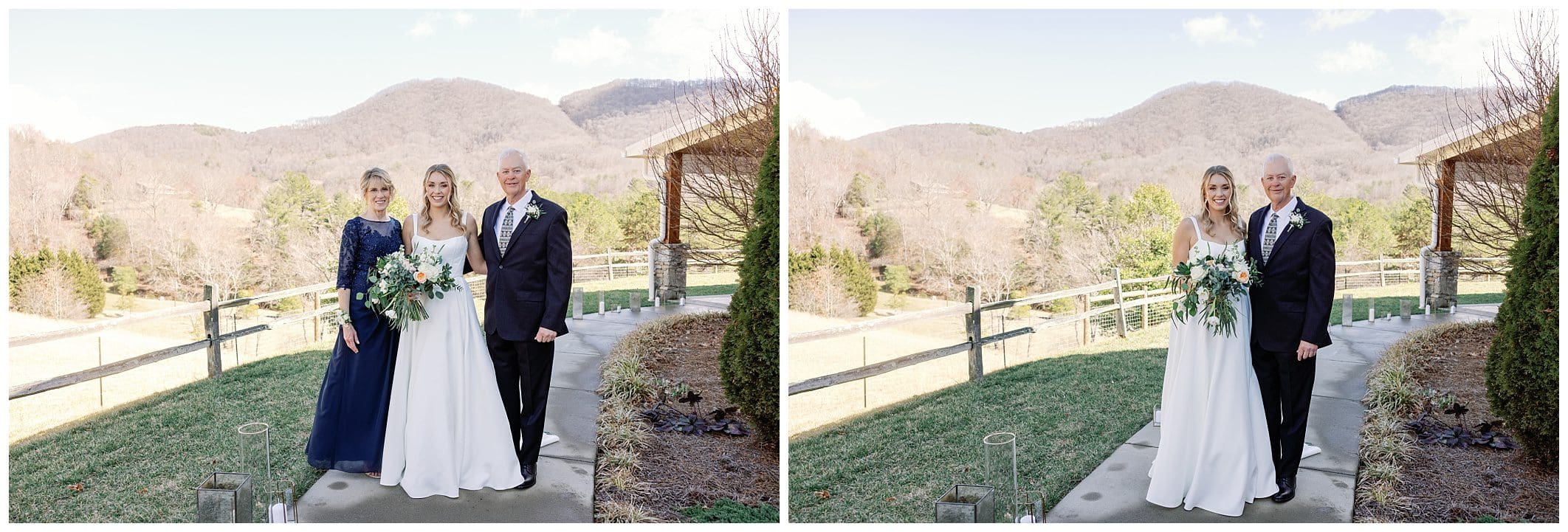 Two photos of a bride and groom posing in front of a mountain.
