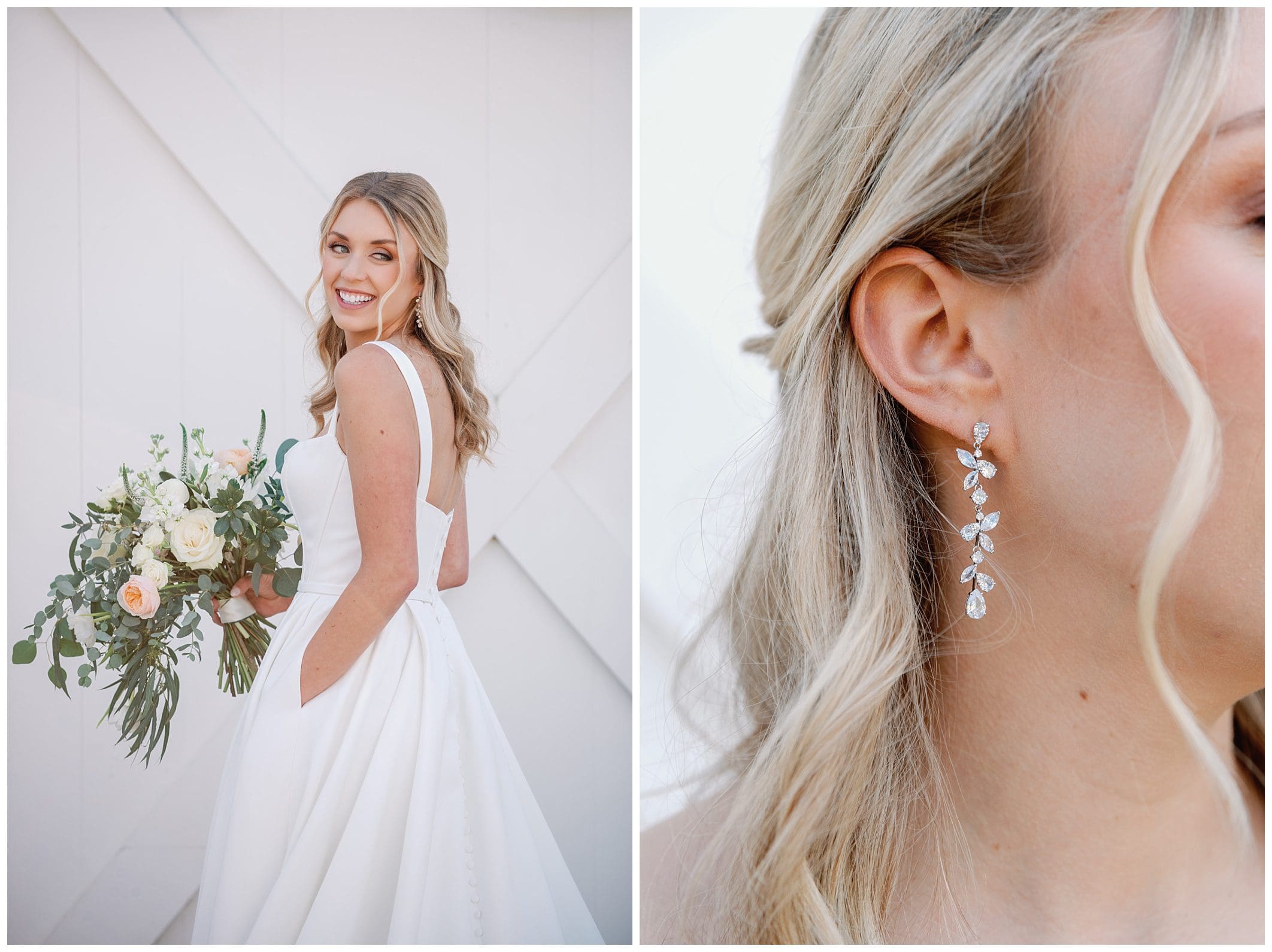 A bride in a white wedding dress wearing earrings.