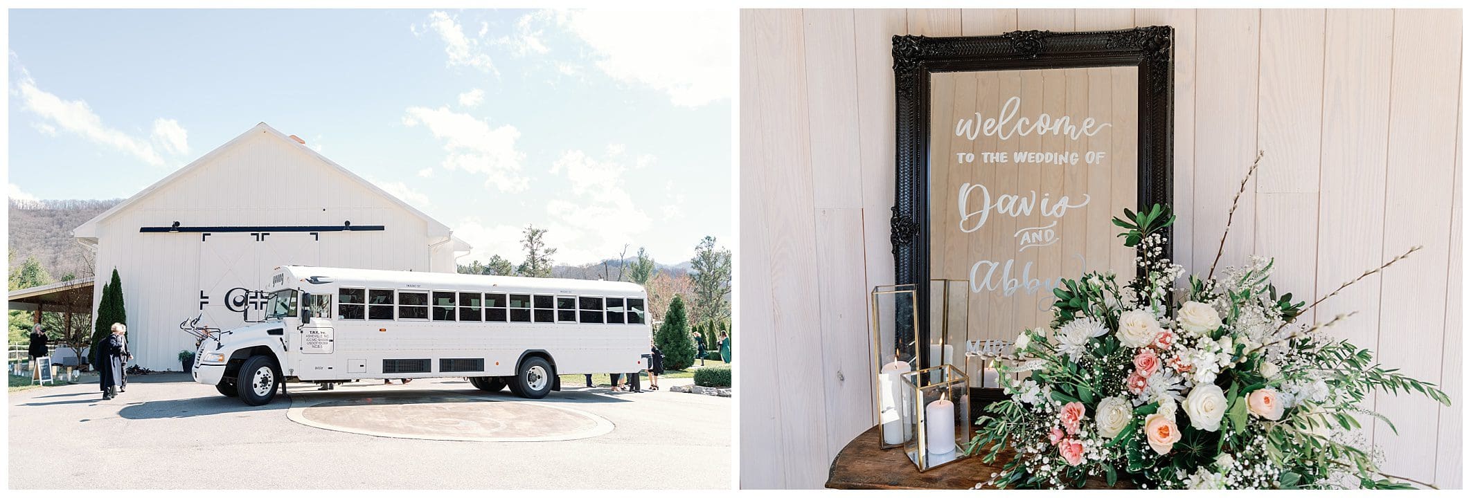 A wedding with a white bus in front of a barn.