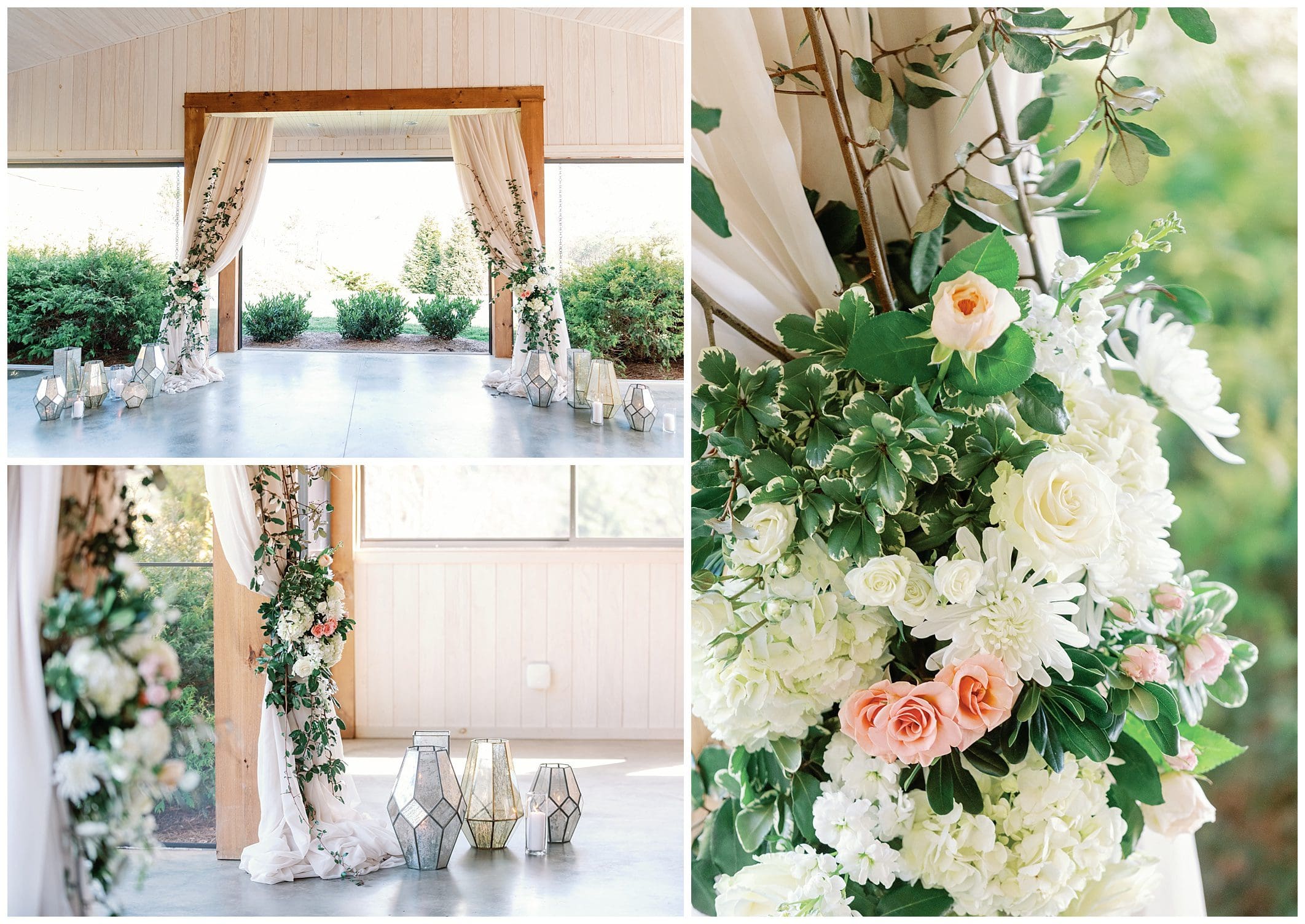 A wedding ceremony set up with flowers and greenery.