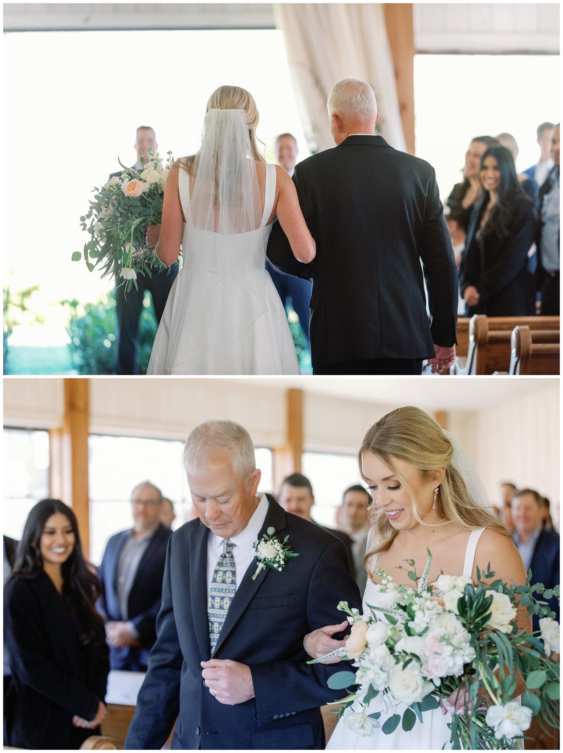 A bride walks down the aisle with her father during her dream wedding at chestnut ridge