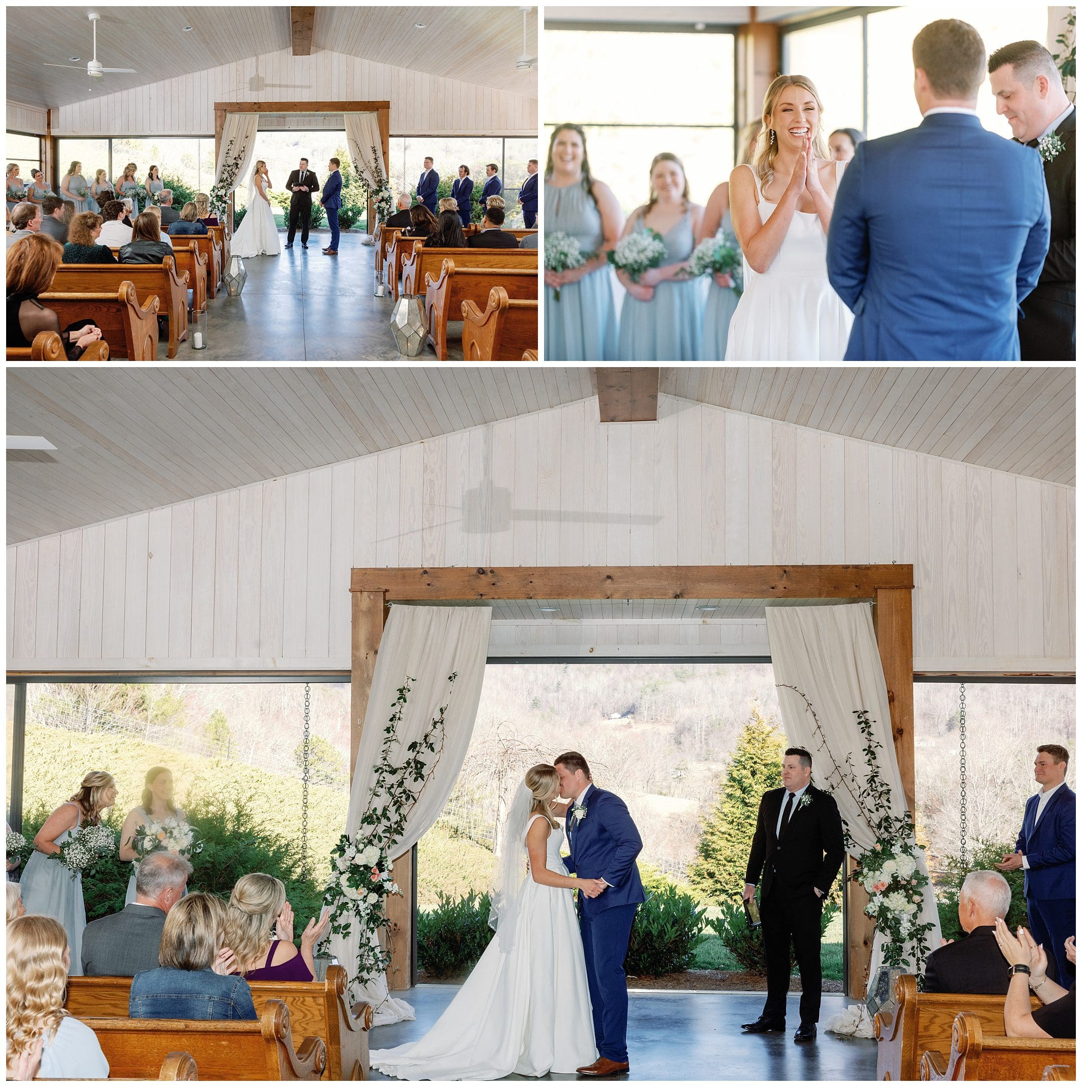 A bride and groom at their wedding ceremony in a barn.