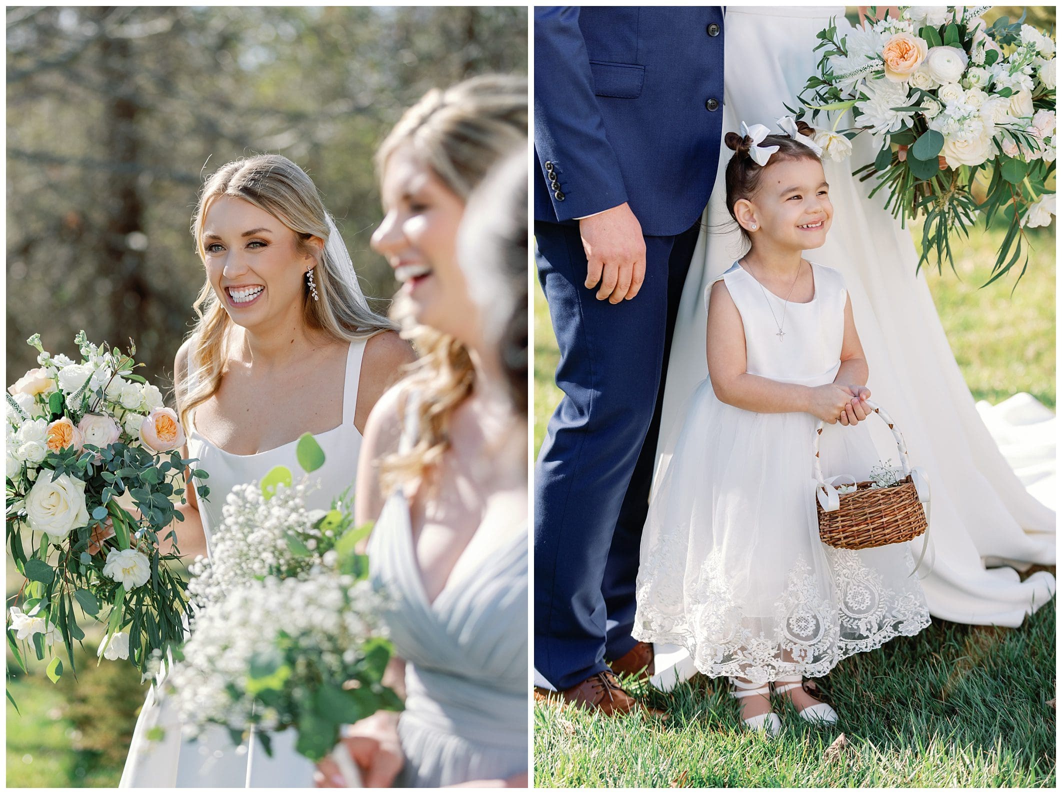 A bride and groom with a flower girl at their wedding.