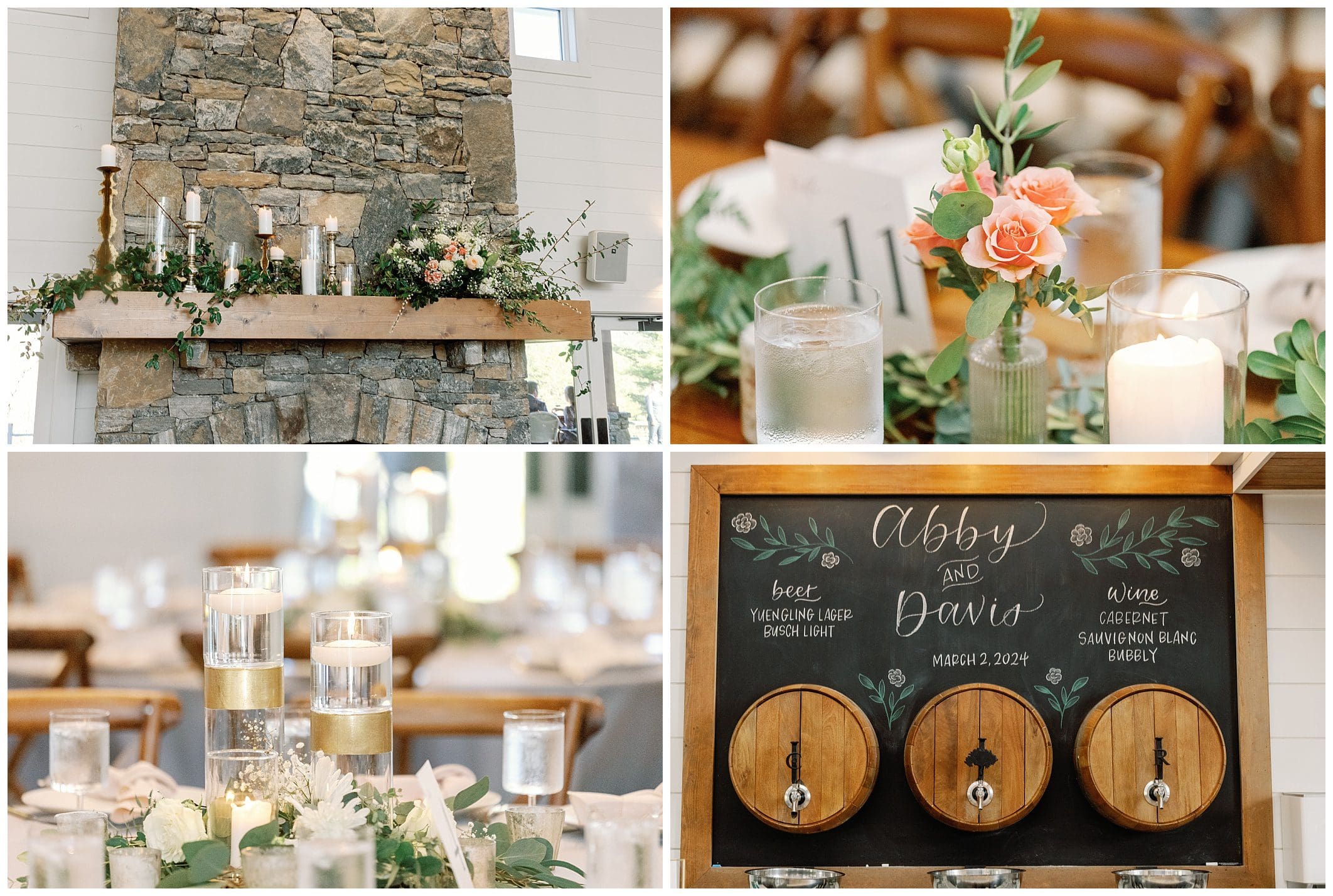 A collage of pictures of a wedding reception with wine barrels and flowers.