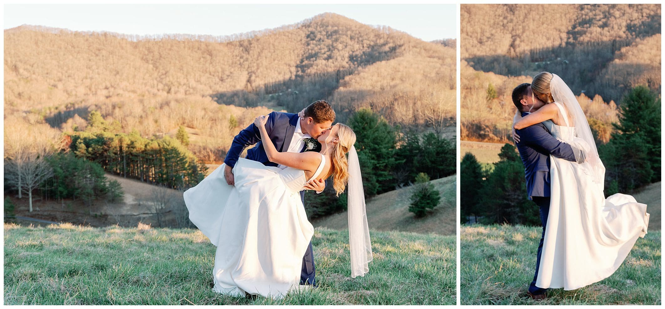 A bride and groom hugging in a field with mountains in the background.