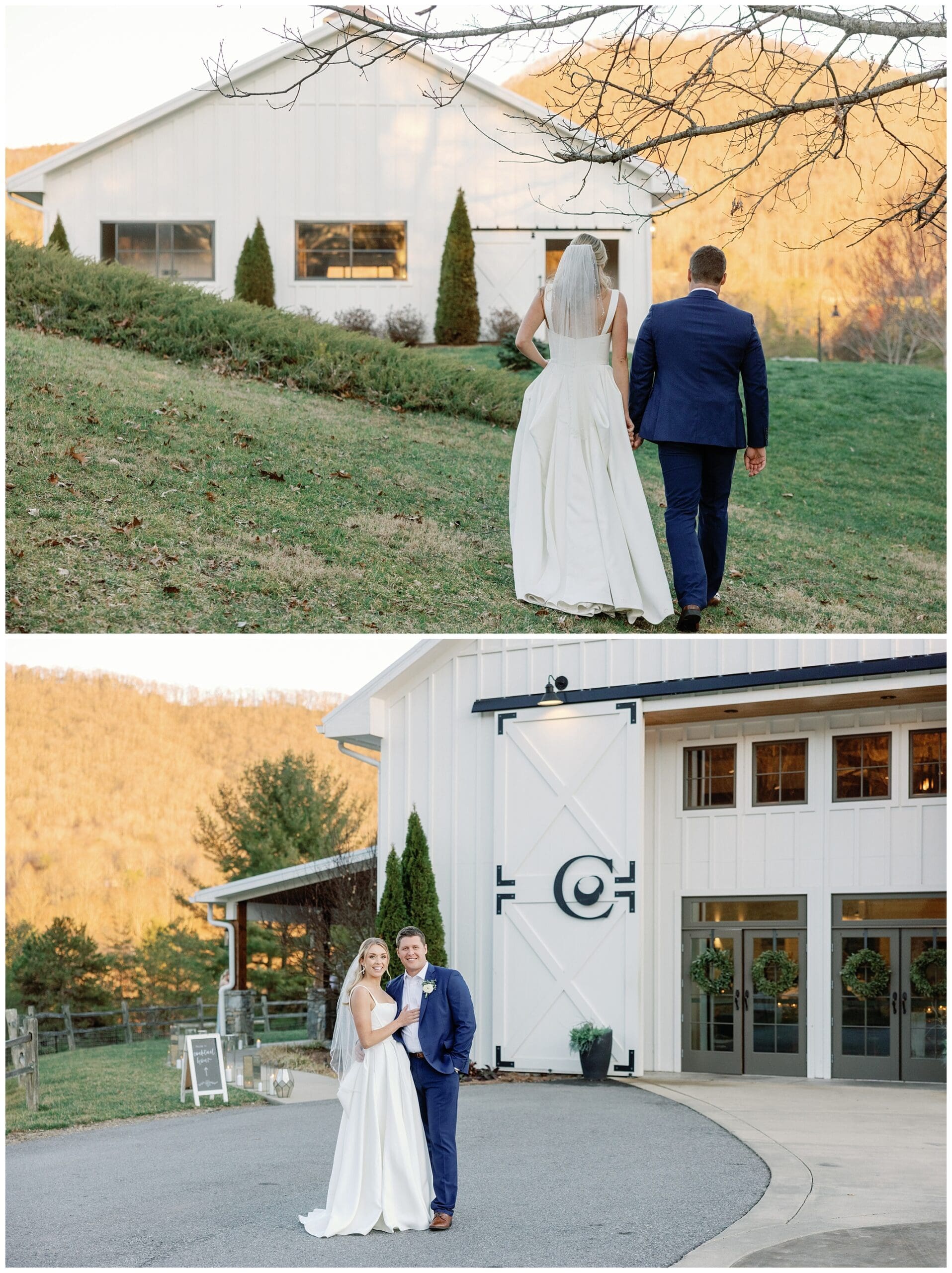 A bride and groom walking in front of a barn.