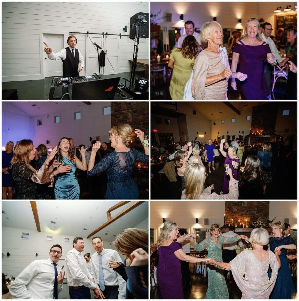 A collage of pictures of people dancing at a wedding reception.