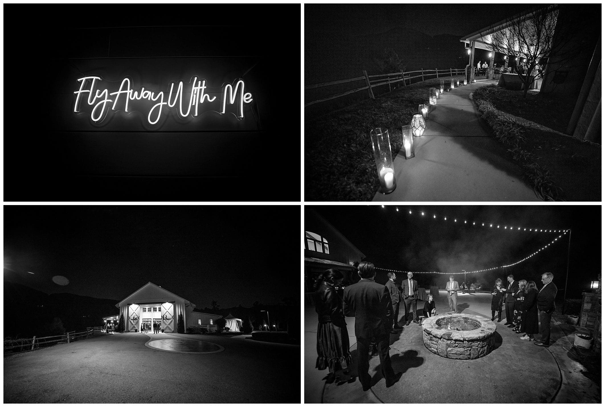 A black and white photo of a wedding reception at night.