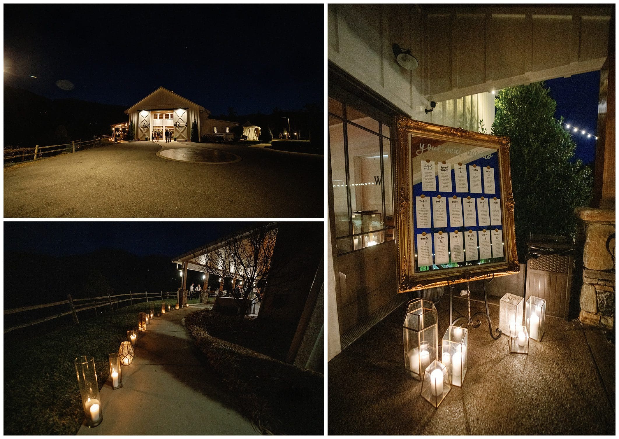 A wedding reception at night with candles at the entrance.