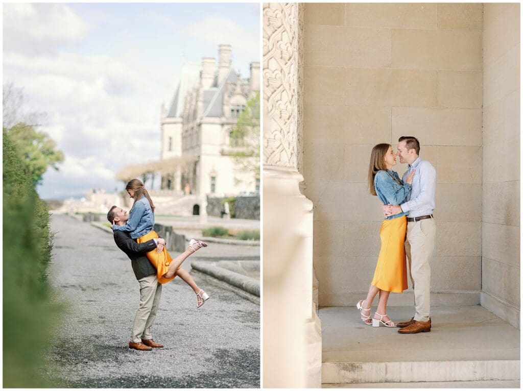 A couple embracing and kissing in two settings: one outdoors by Biltmore Estate, the other under an archway, both dressed in casual outfits.