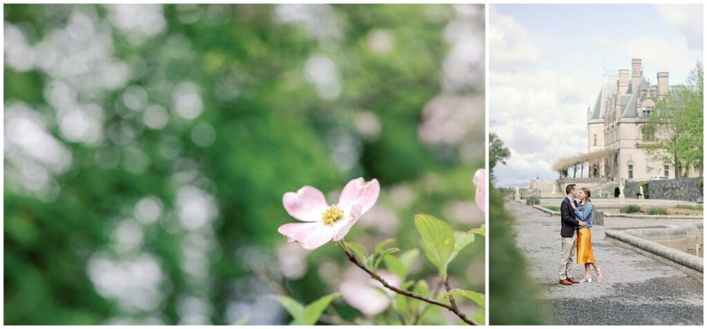 A split image with a close-up of a pink flower on the left and a woman walking while hugging a child during a spring engagement session at Biltmore on the right.