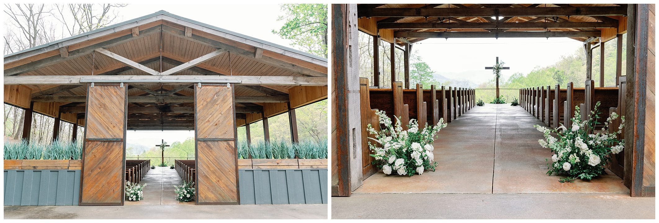 Wooden pavilion decorated with flowers along a concrete aisle, surrounded by nature, designed for events.