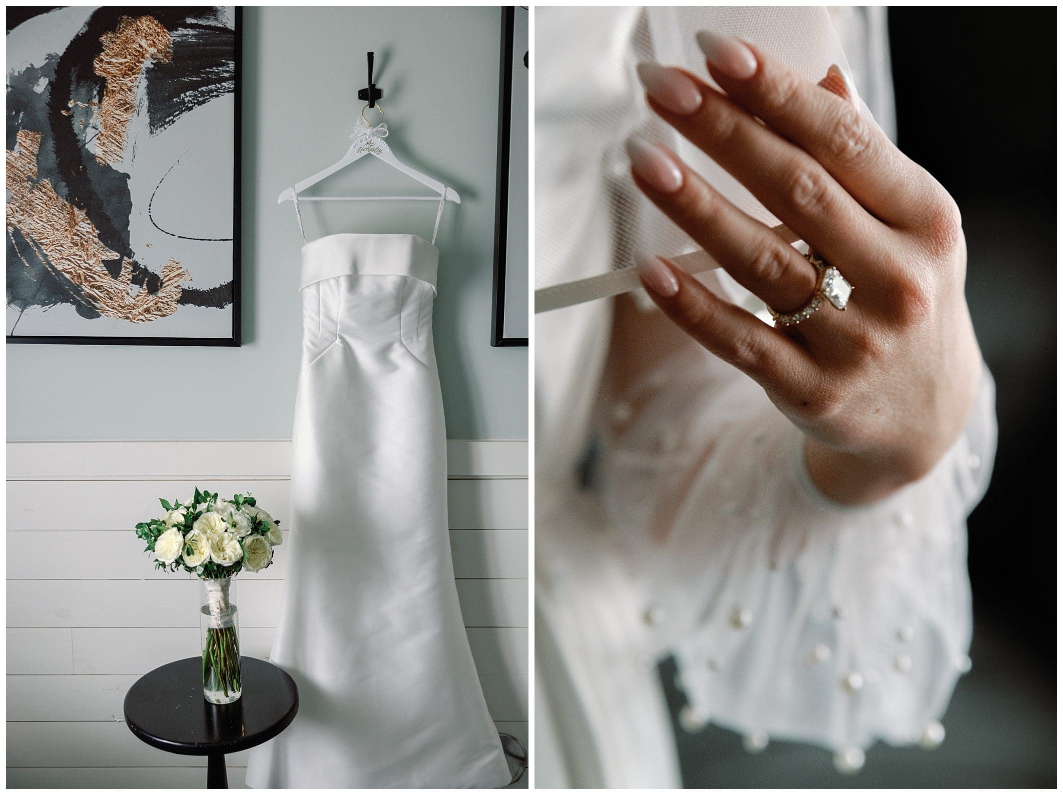 A split image featuring a wedding dress hanging next to a bouquet on the left, and a close-up of a bride's hand wearing a ring on the right.