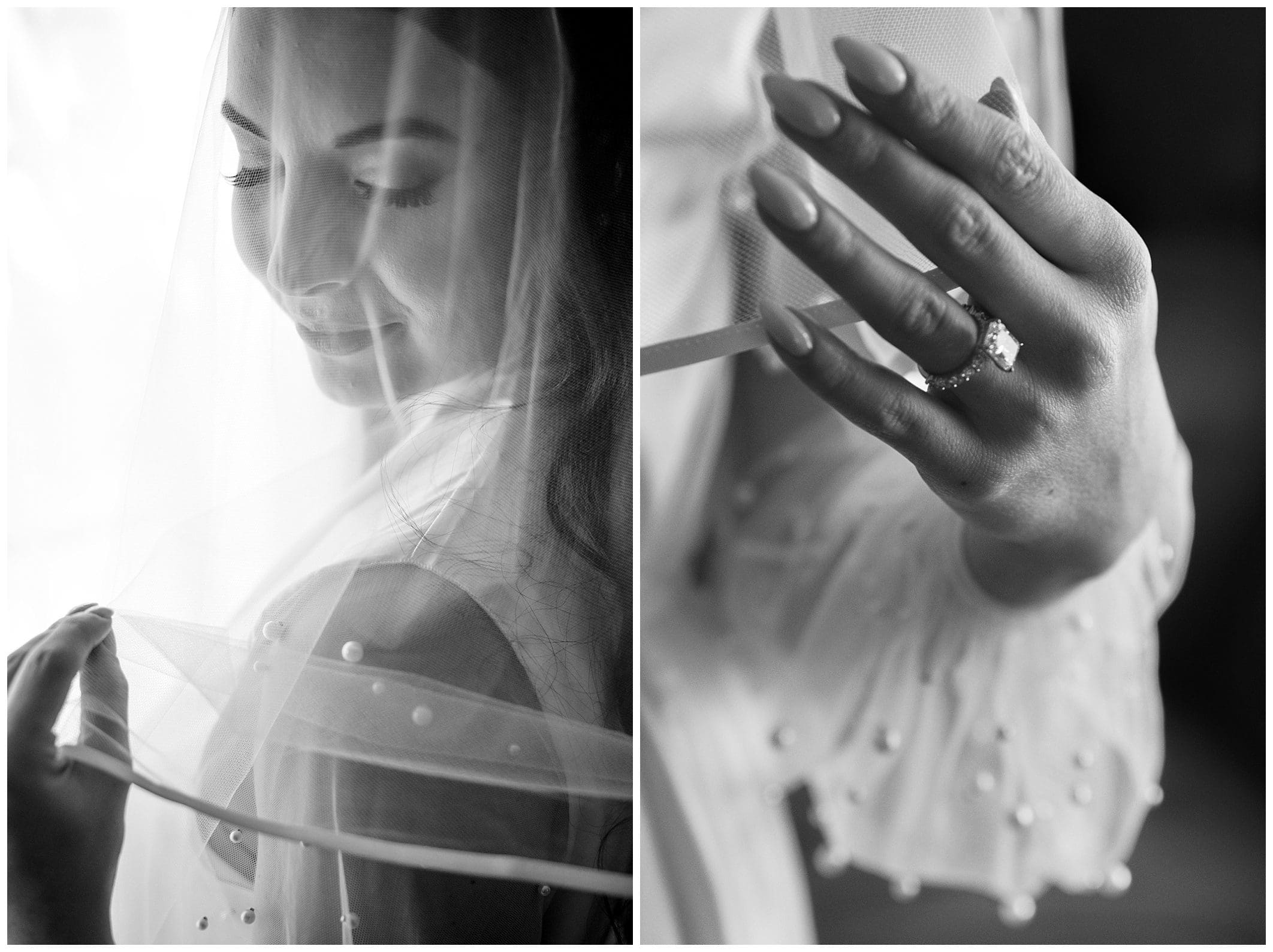 Split-image of a bride: left side shows her smiling under a veil, right side focuses on her hand displaying a wedding ring.