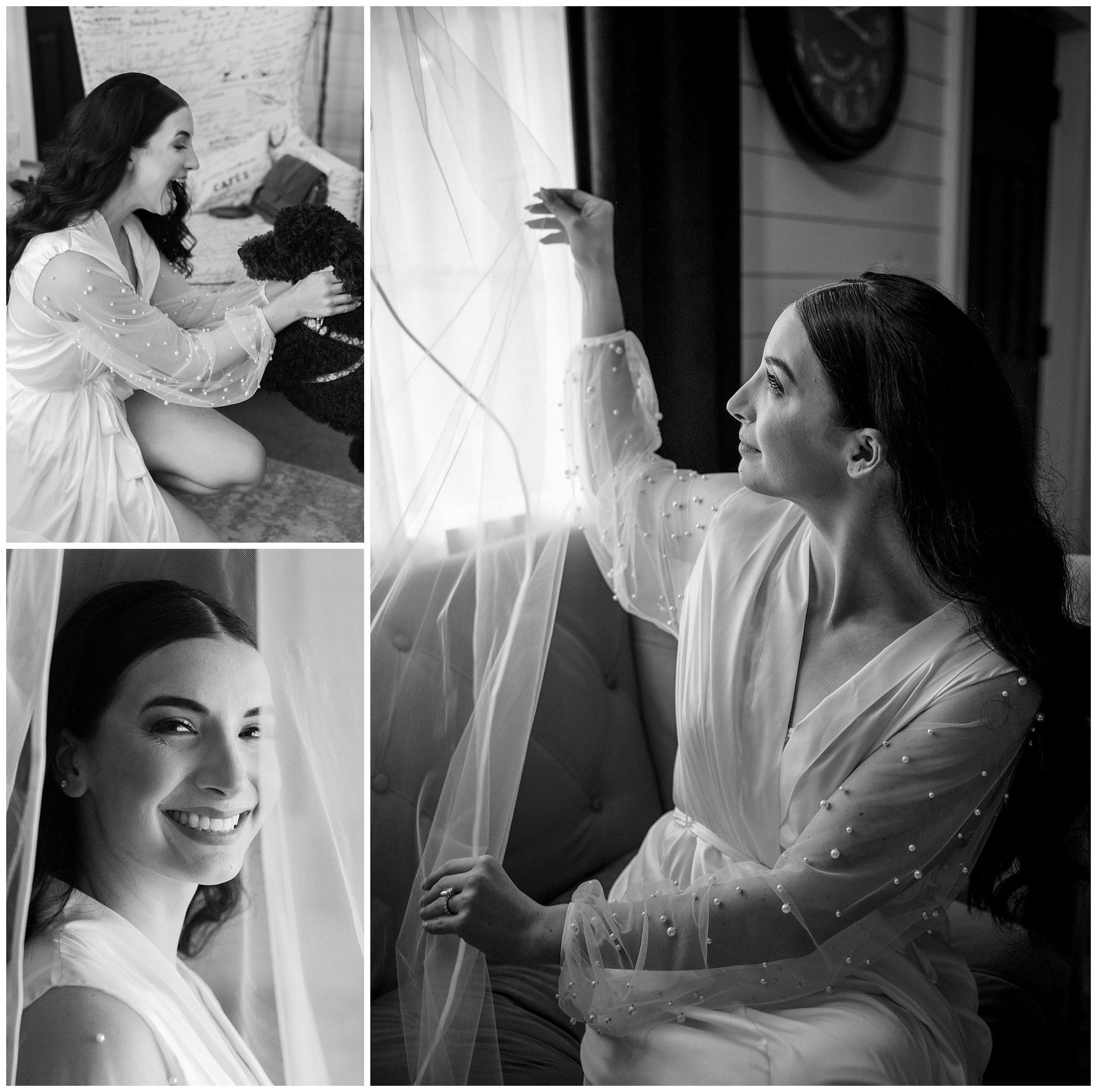 A collage of three black and white images of a bride in a robe, smiling and interacting with her veil in a well-lit room.
