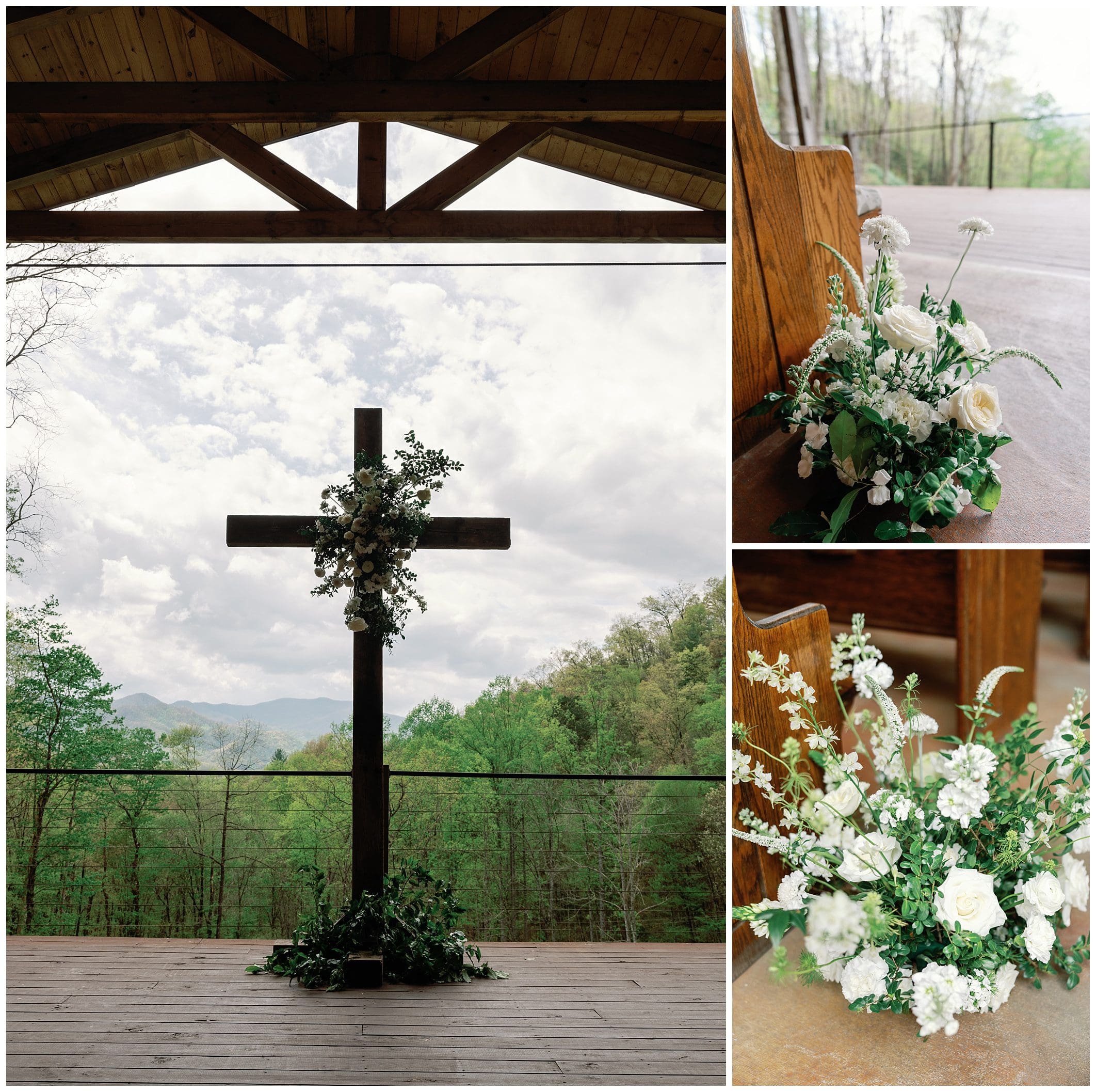 A collage of three images: a wooden cross decorated with flowers overlooking a mountain range, a close-up of a floral bouquet on a wooden bench, and another angle of the same bouquet.