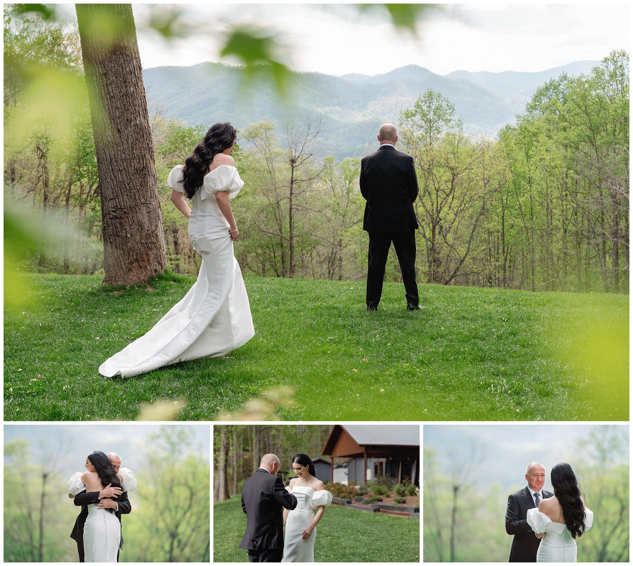 Collage of a wedding couple outdoors: top image shows them facing mountains, bottom left kissing, bottom middle embracing, bottom right smiling at each other.
