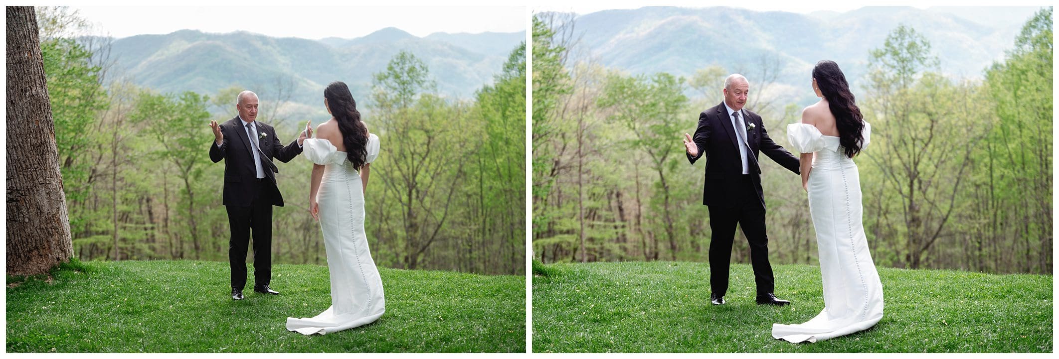 Two images of a bride and groom interacting outside with mountain views in the background. in the first, they are talking; in the second, the groom gestures while speaking.