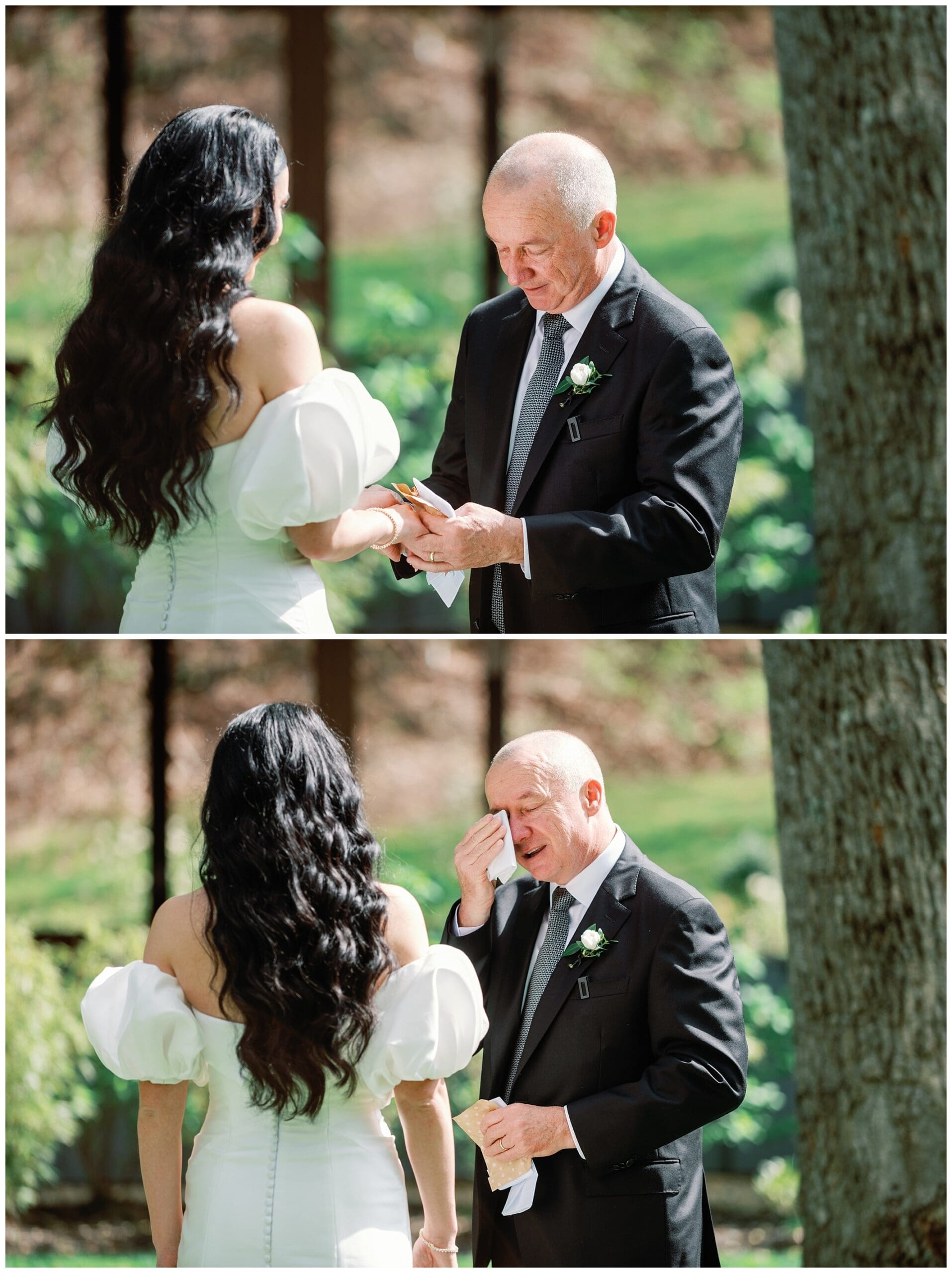 A bride and her father exchange emotional gestures during a sunlit outdoor ceremony, with the father wiping away a tear.