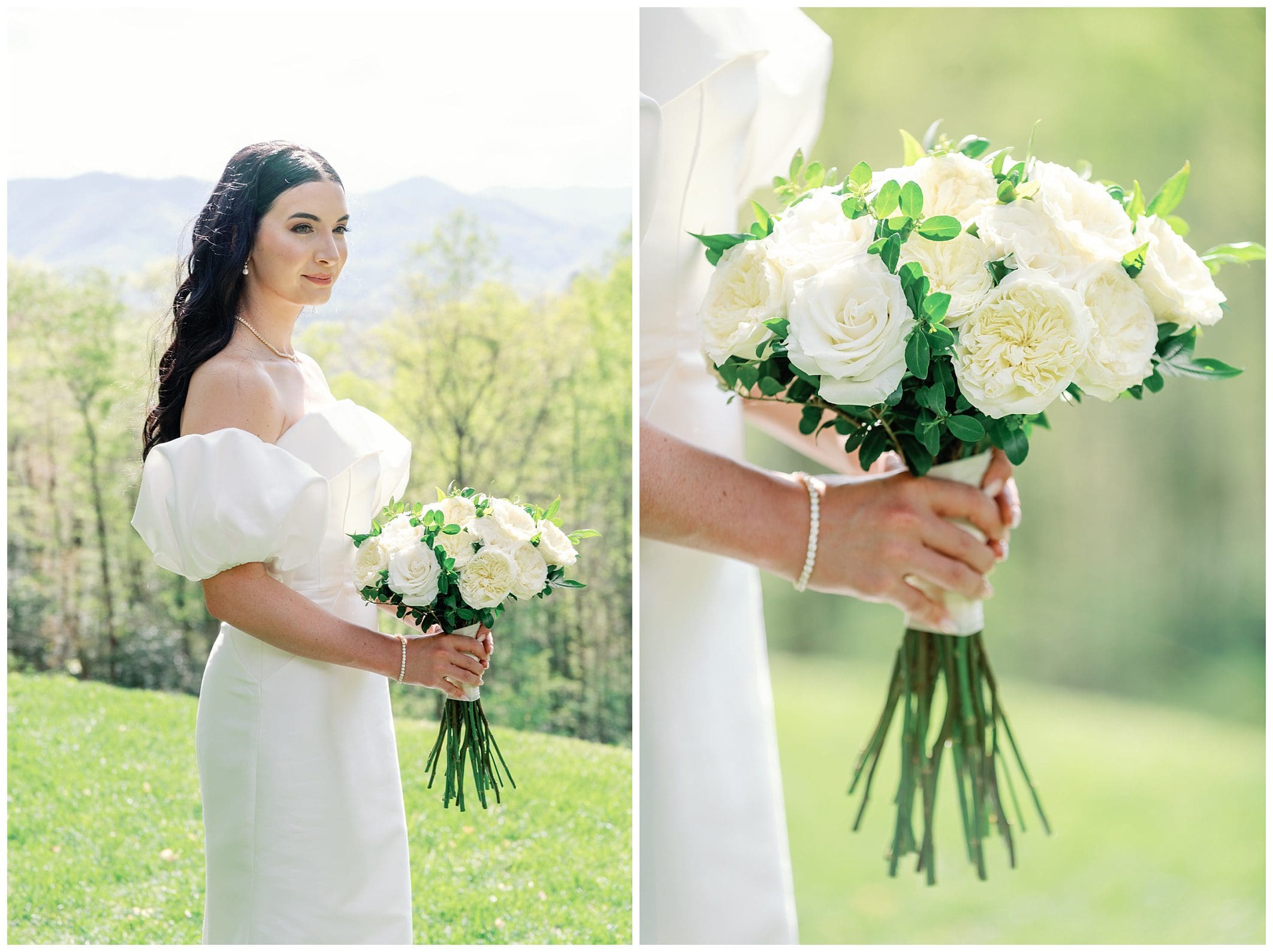 Bride in a white dress holding a bouquet of white roses, with a scenic mountain backdrop in one image, and a close-up of the bouquet in the other.