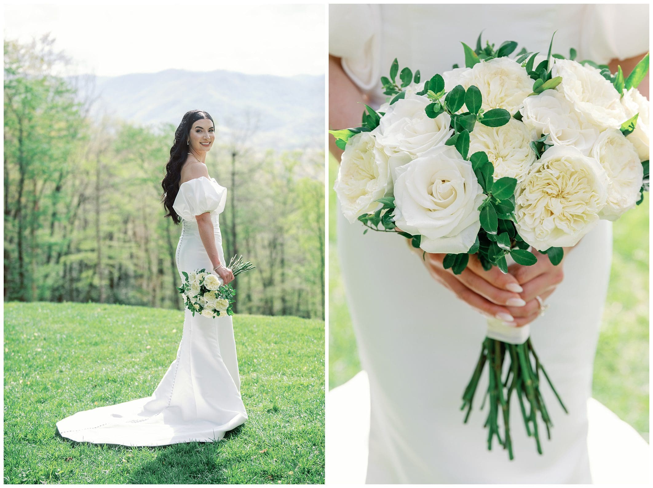 A bride in a white dress holding a bouquet of white roses and greenery, with a scenic mountain landscape in the background.
